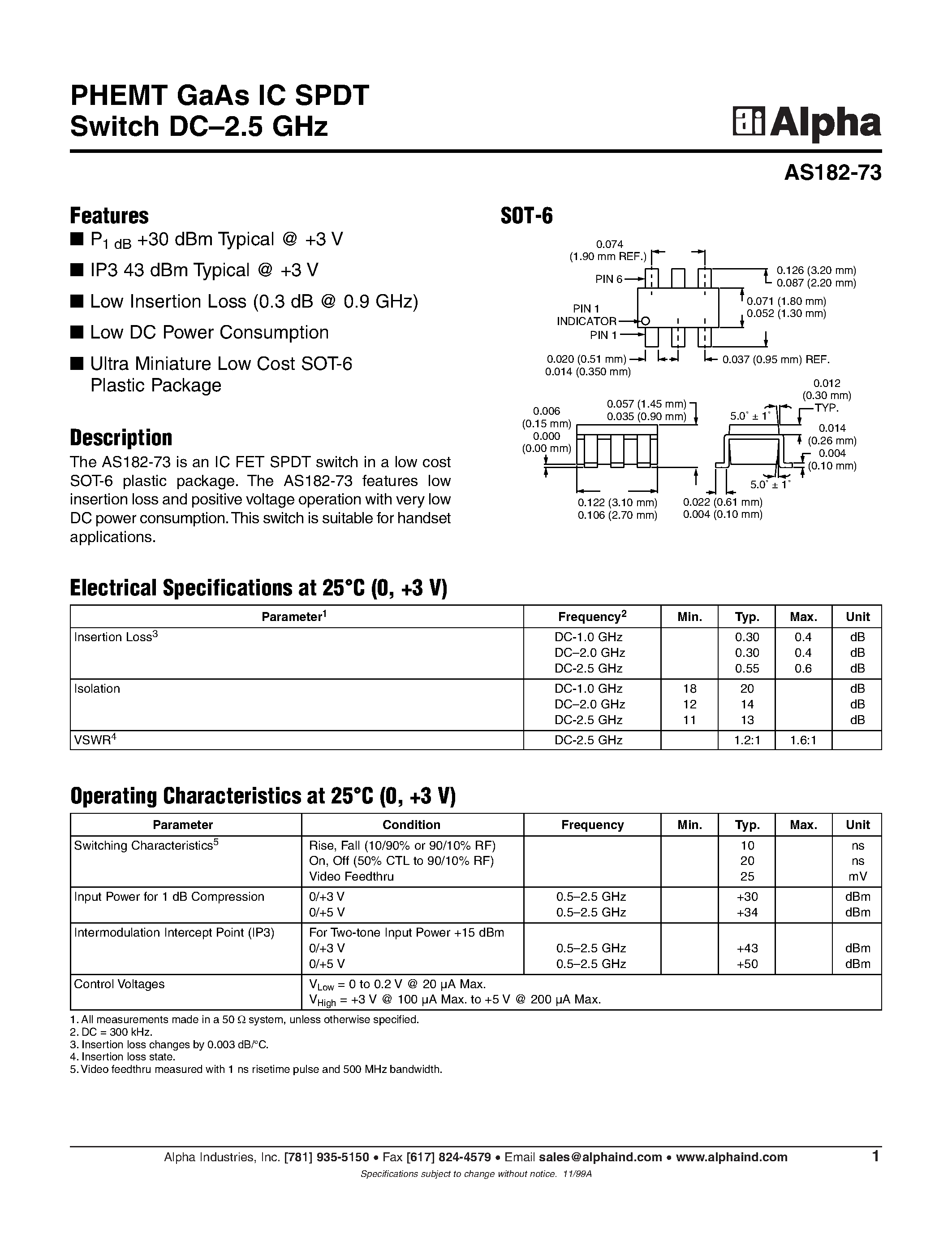 Datasheet AS182-73 - PHEMT GaAs IC SPDT Switch DC-2.5 GHz page 1