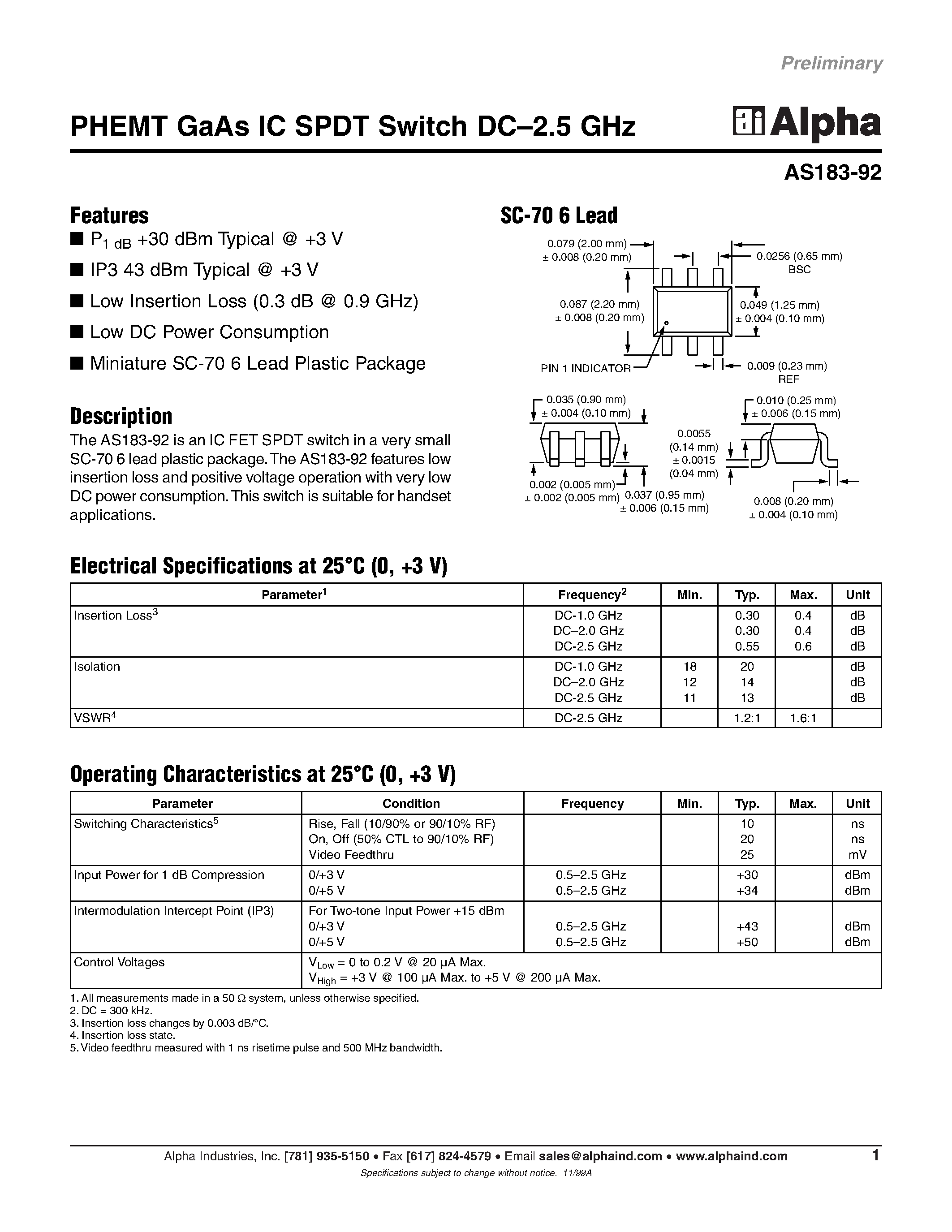 Datasheet AS183-92 - PHEMT GaAs IC SPDT Switch DC-2.5 GHz page 1