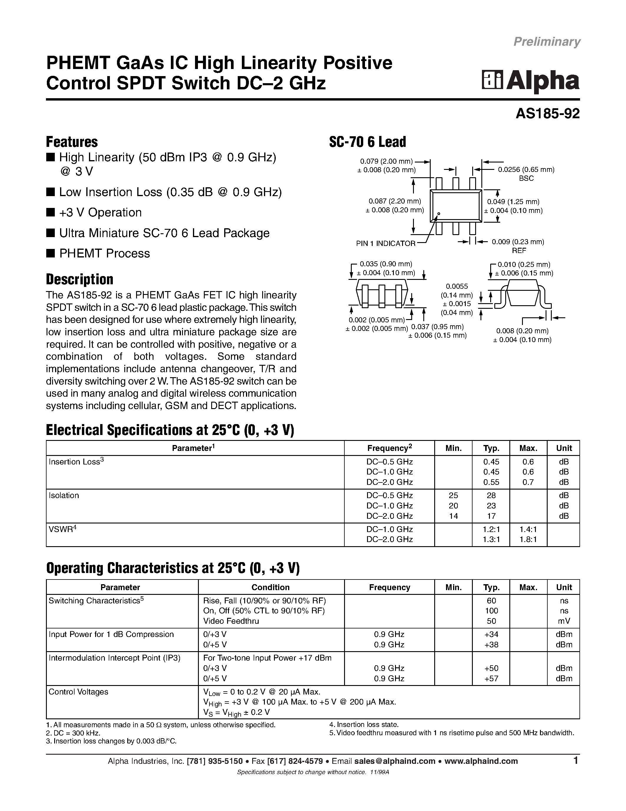 Даташит на микросхему AS185-92 страница 1 Даташит AS185-92 - PHEMT GaAs IC High Linearity Positive Control SPDT Switch DC-2 GHz страница 1