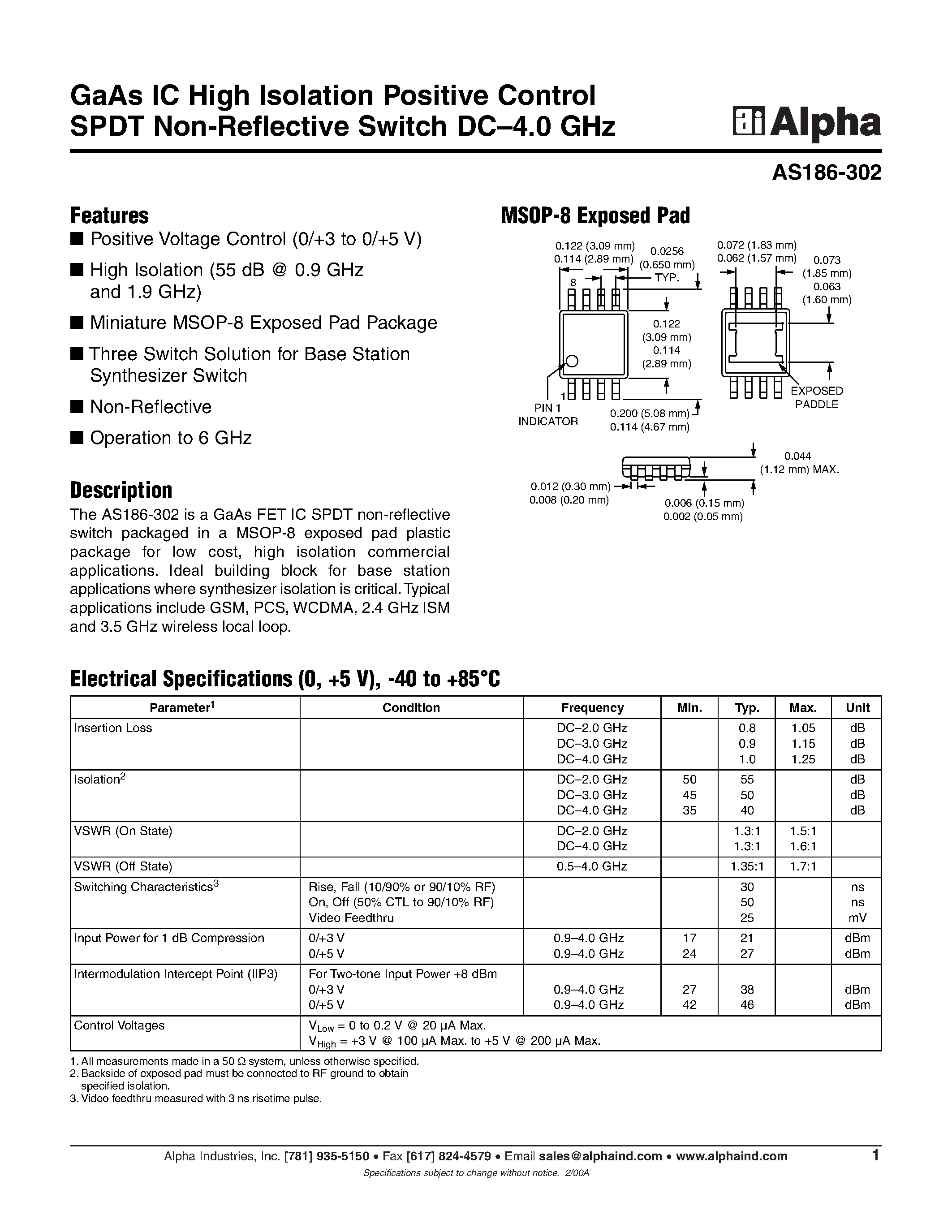 Datasheet AS186-302 - GaAs IC High Isolation Positive Control SPDT Non-Reflective Switch DC-4.0 GHz page 1