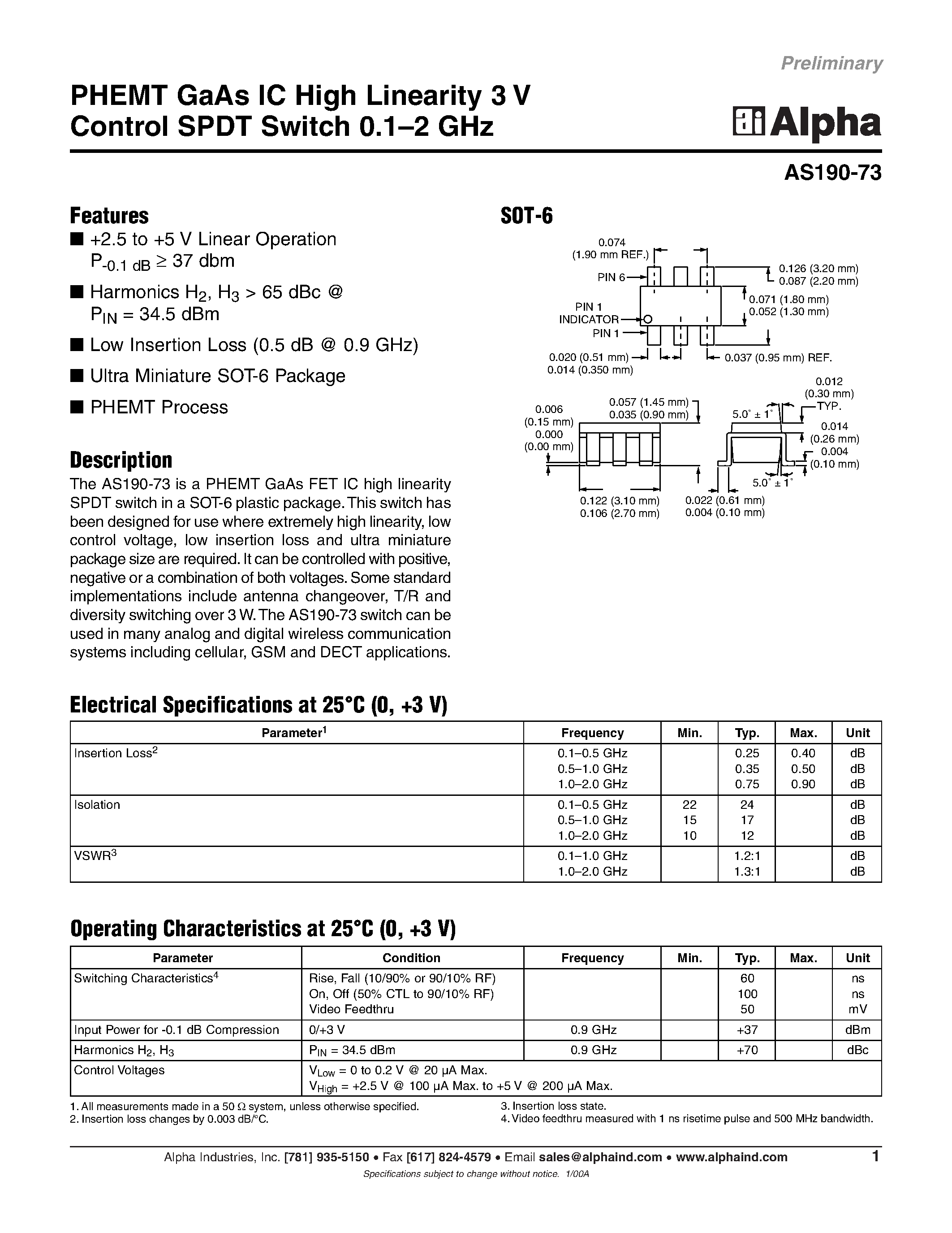Datasheet AS190-73 - PHEMT GaAs IC High Linearity 3 V Control SPDT Switch 0.1-2 GHz page 1