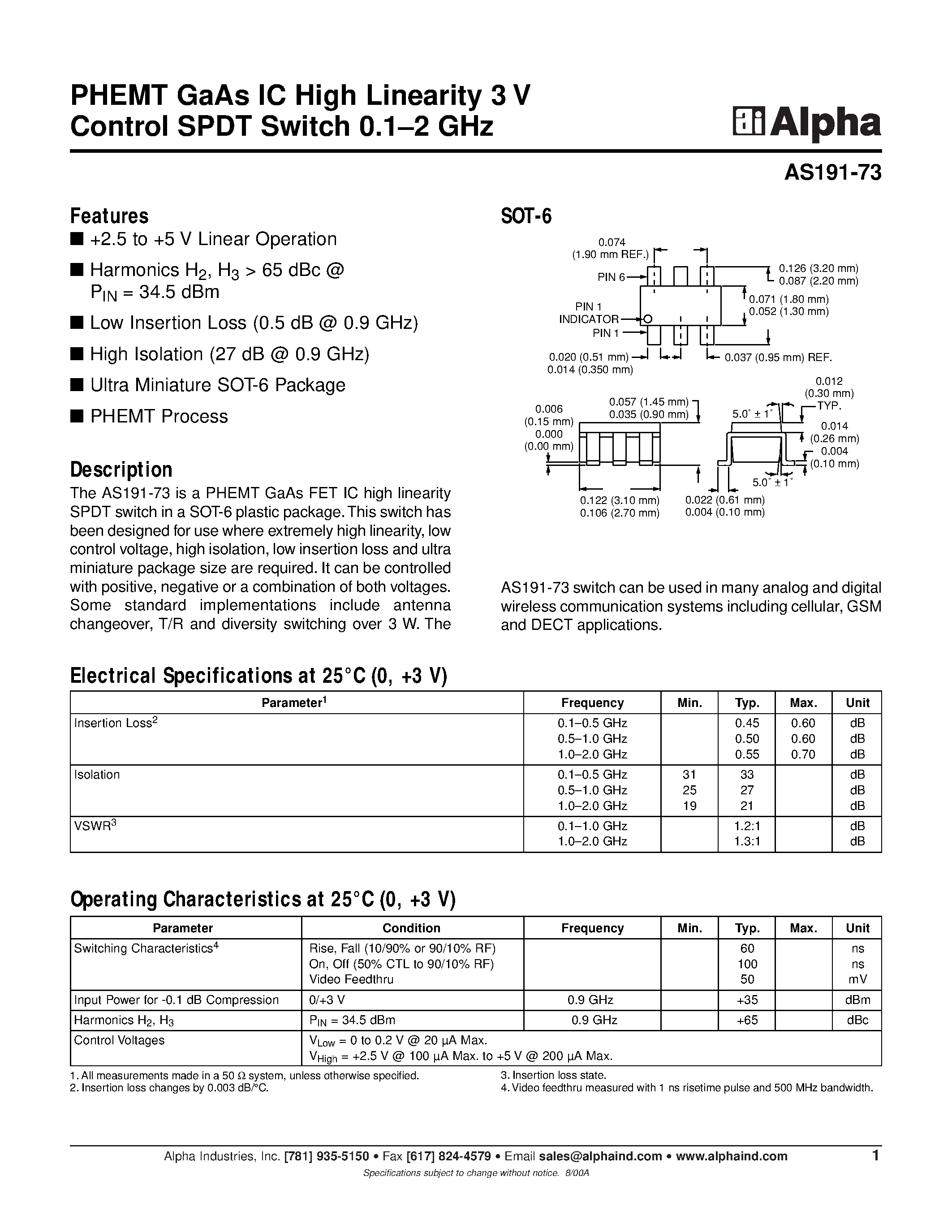 Datasheet AS191-73 - PHEMT GaAs IC High Linearity 3 V Control SPDT Switch 0.1-2 GHz page 1