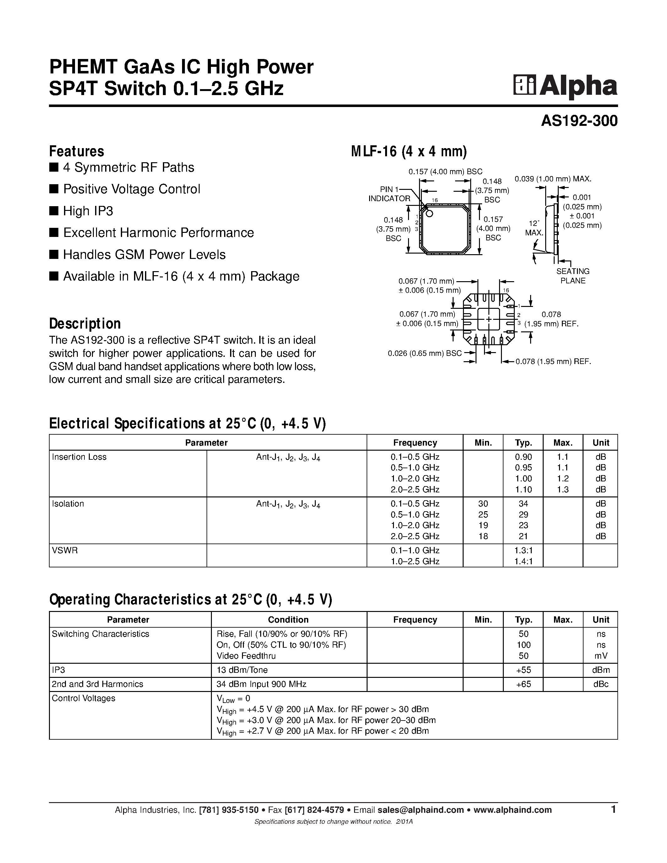 Datasheet AS192-300 - PHEMT GaAs IC High Power SP4T Switch 0.1-2.5 GHz page 1