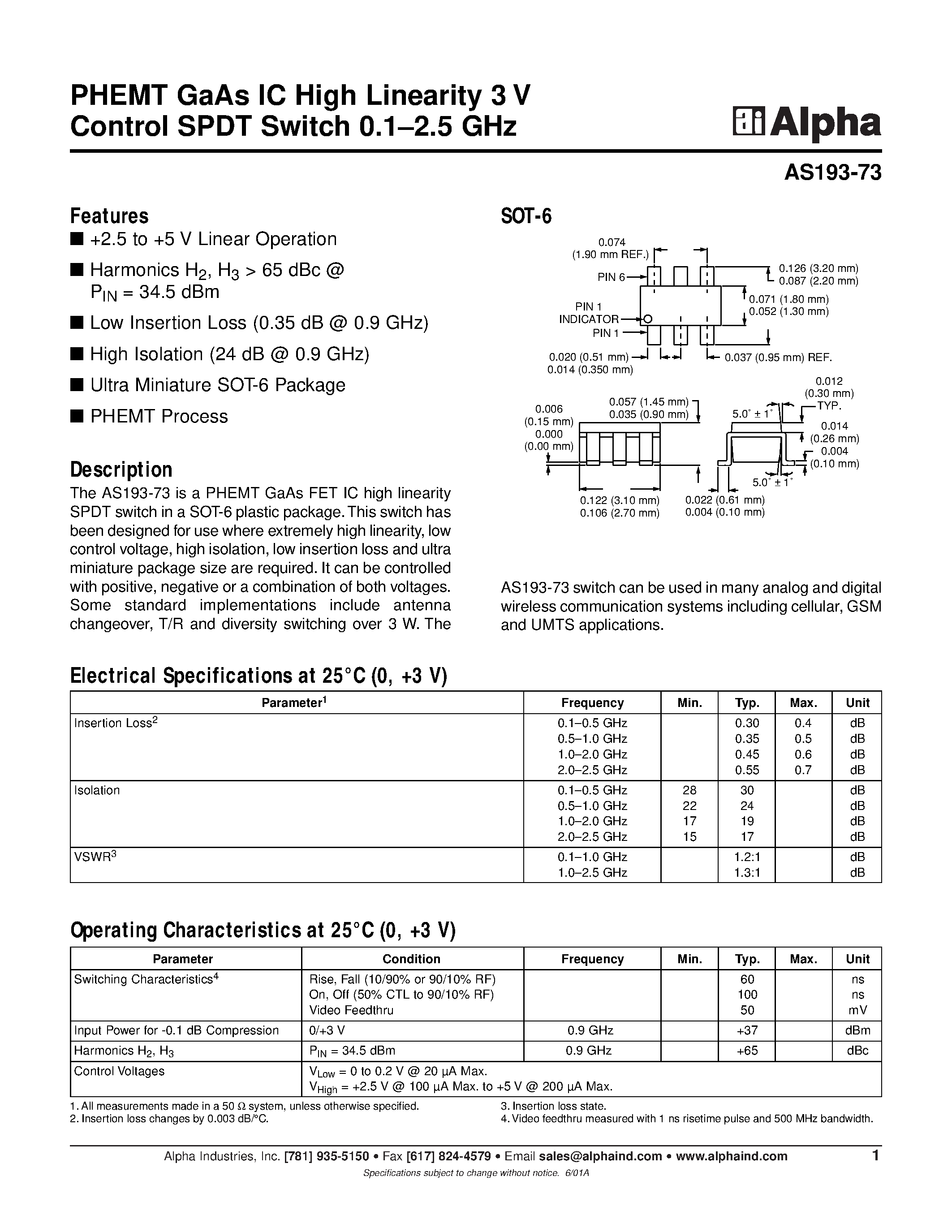 Datasheet AS193-73 - PHEMT GaAs IC High Linearity 3 V Control SPDT Switch 0.1-2.5 GHz page 1