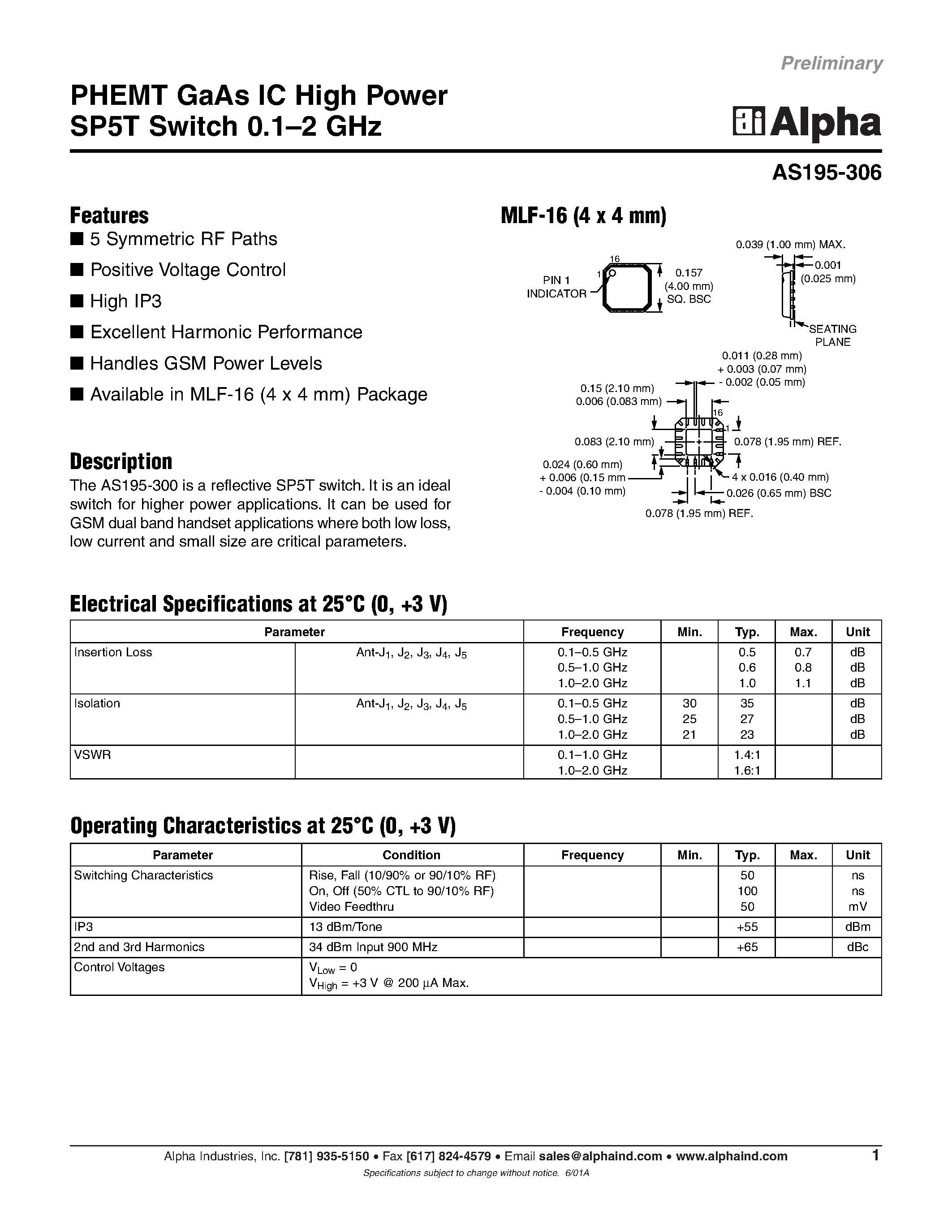 Datasheet AS195-306 - PHEMT GaAs IC High Power SP5T Switch 0.1-2 GHz page 1