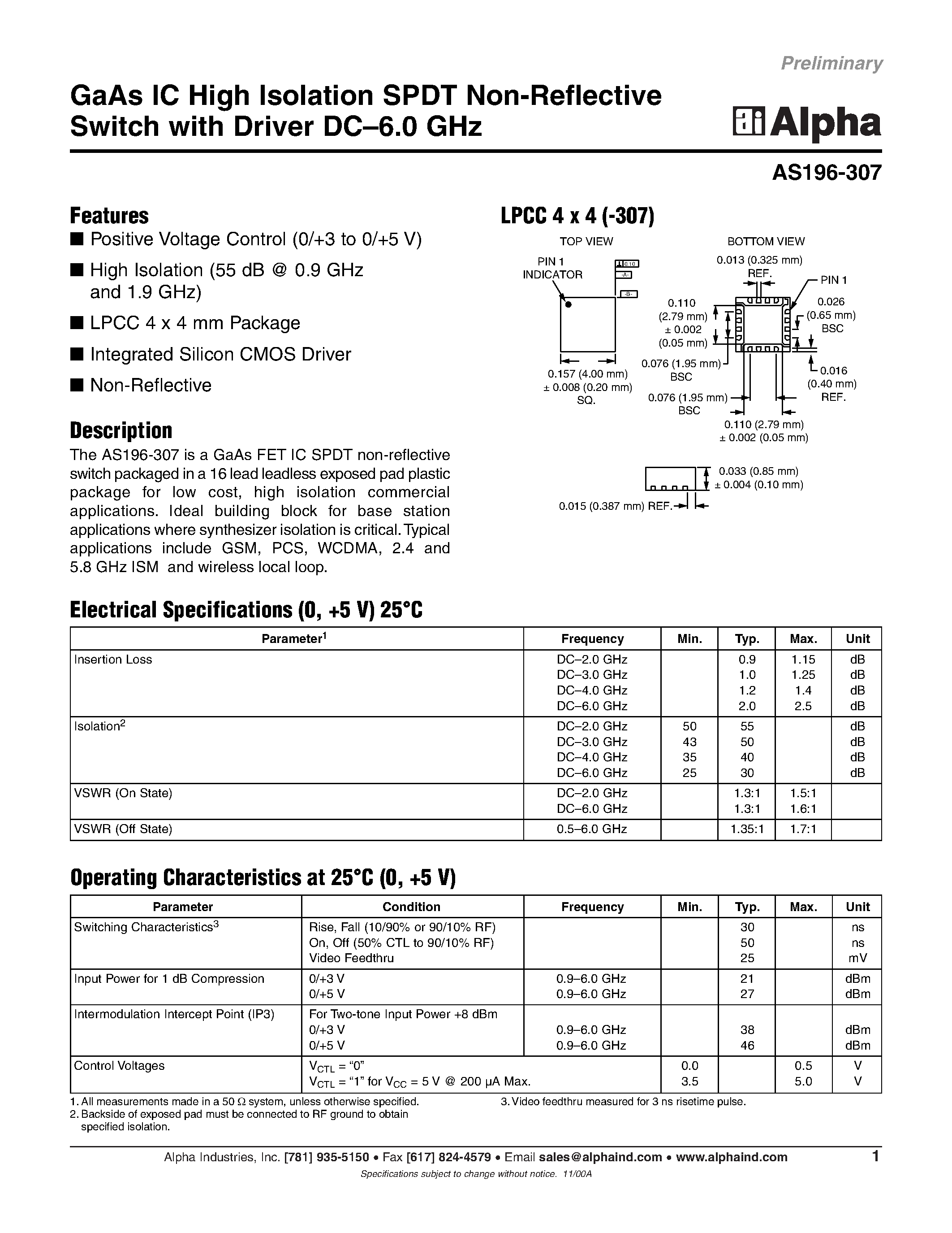Datasheet AS196-307 - GaAs IC High Isolation SPDT Non-Reflective Switch with Driver DC-6.0 GHz page 1