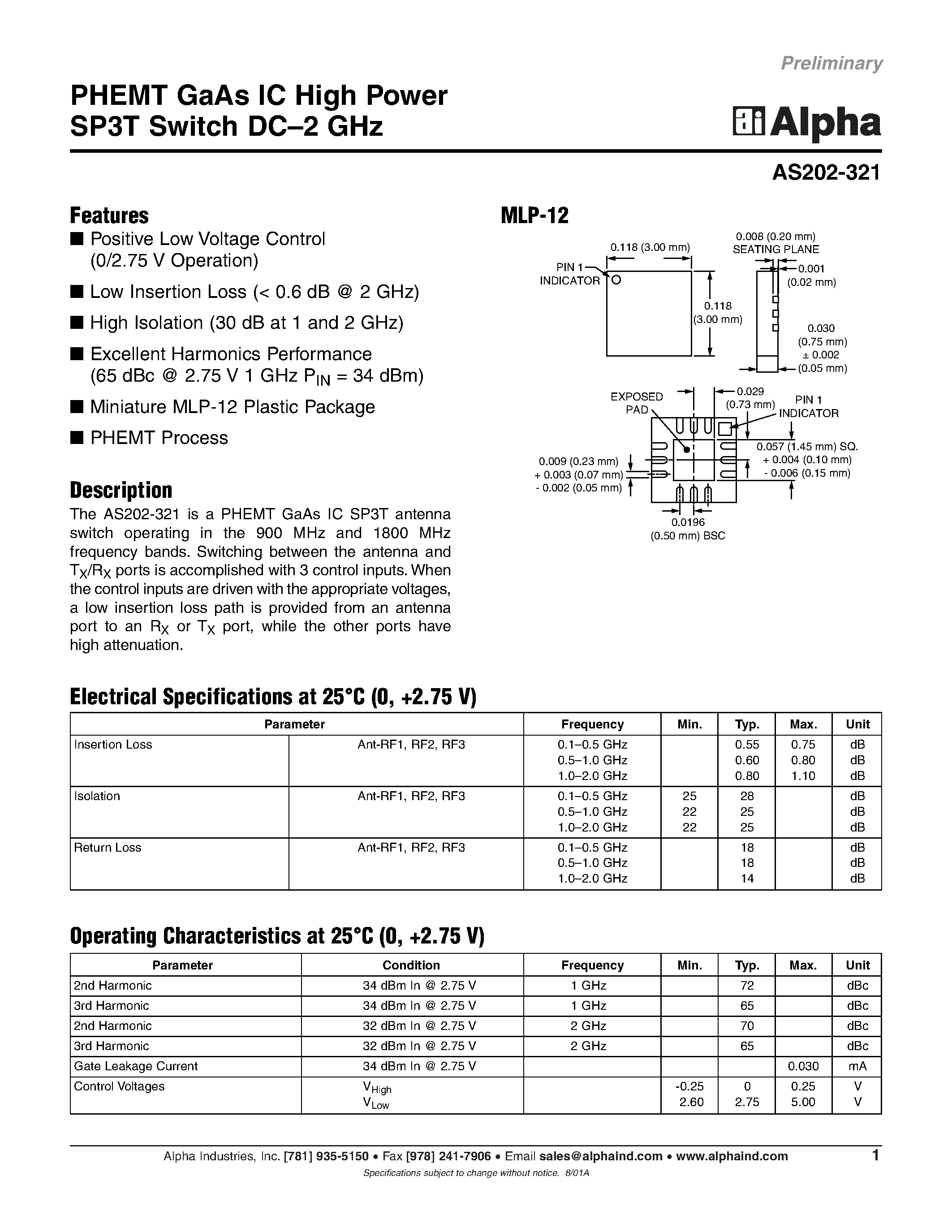 Datasheet AS202-321 - PHEMT GaAs IC High Power SP3T Switch DC-2 GHz page 1