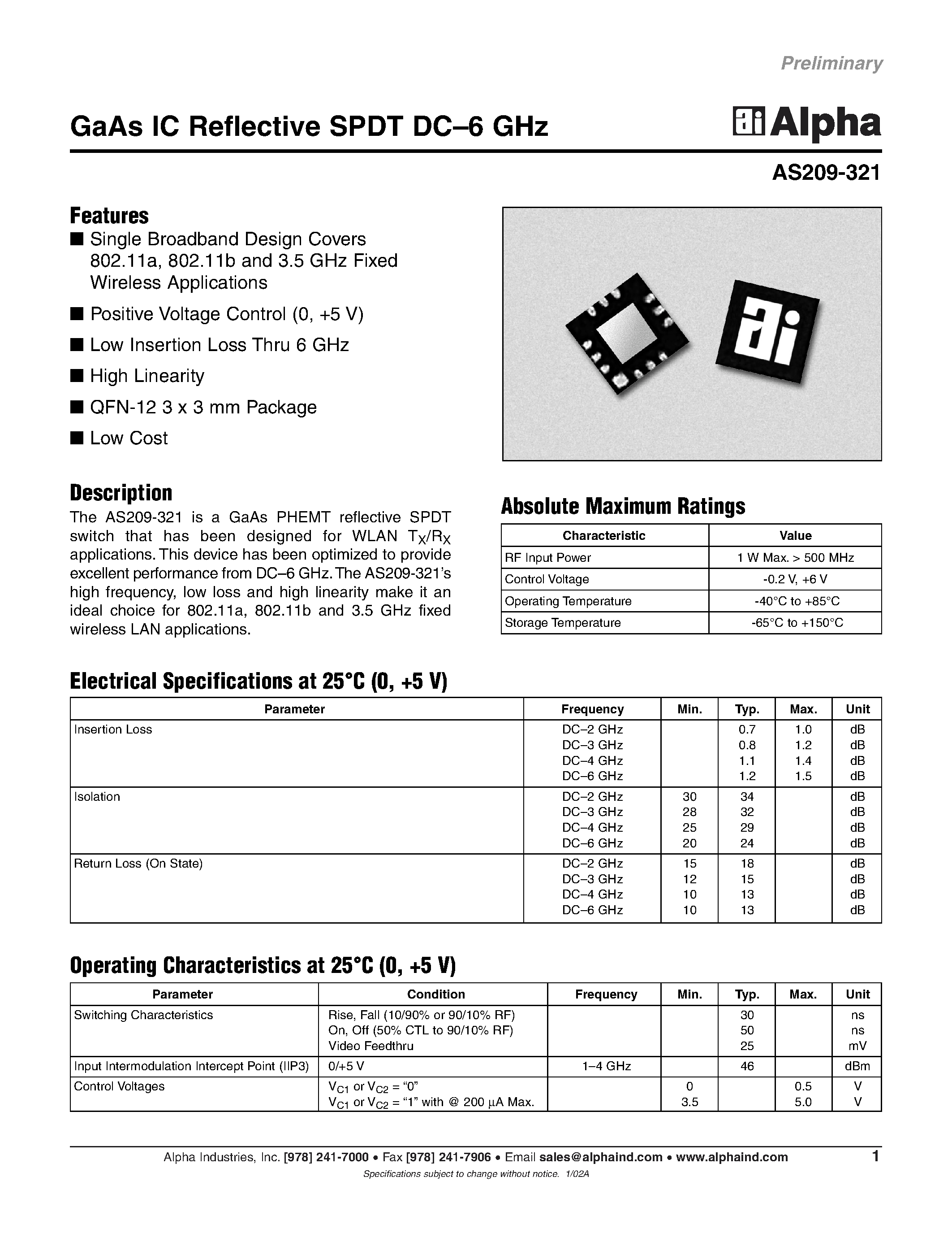 Datasheet AS209-321 page 1 Datasheet AS209-321 - GaAs IC Reflective SPDT DC-6 GHz page 1