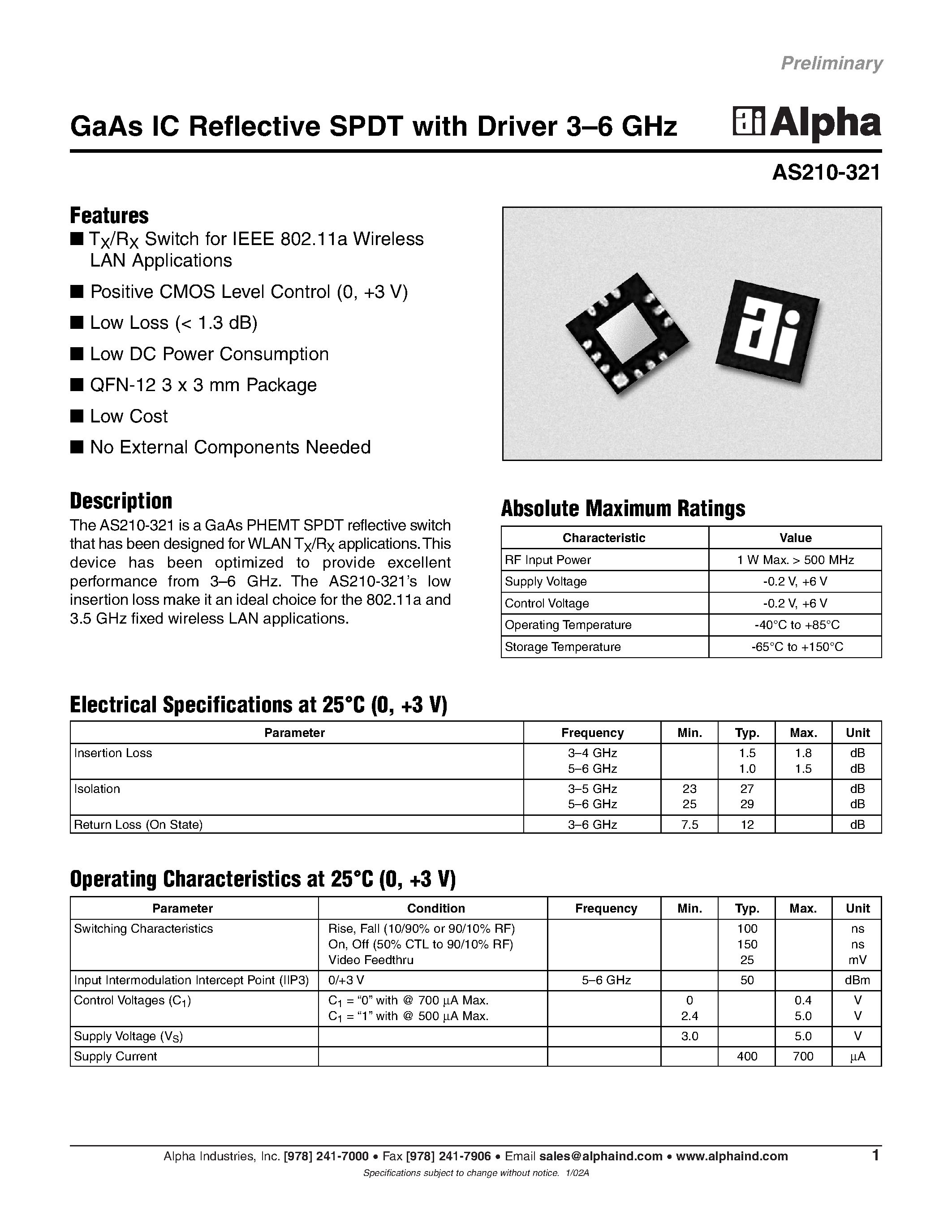 Datasheet AS210-321 - GaAs IC Reflective SPDT with Driver 3-6 GHz page 1