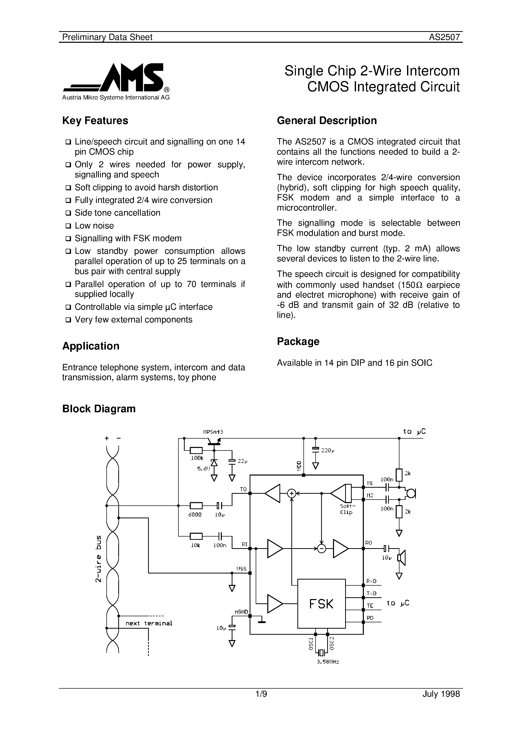 Datasheet AS2507P - SINGLE CHIP 2-WIRE INTERCOM CMOS INTEGRATED CIRCUIT page 1