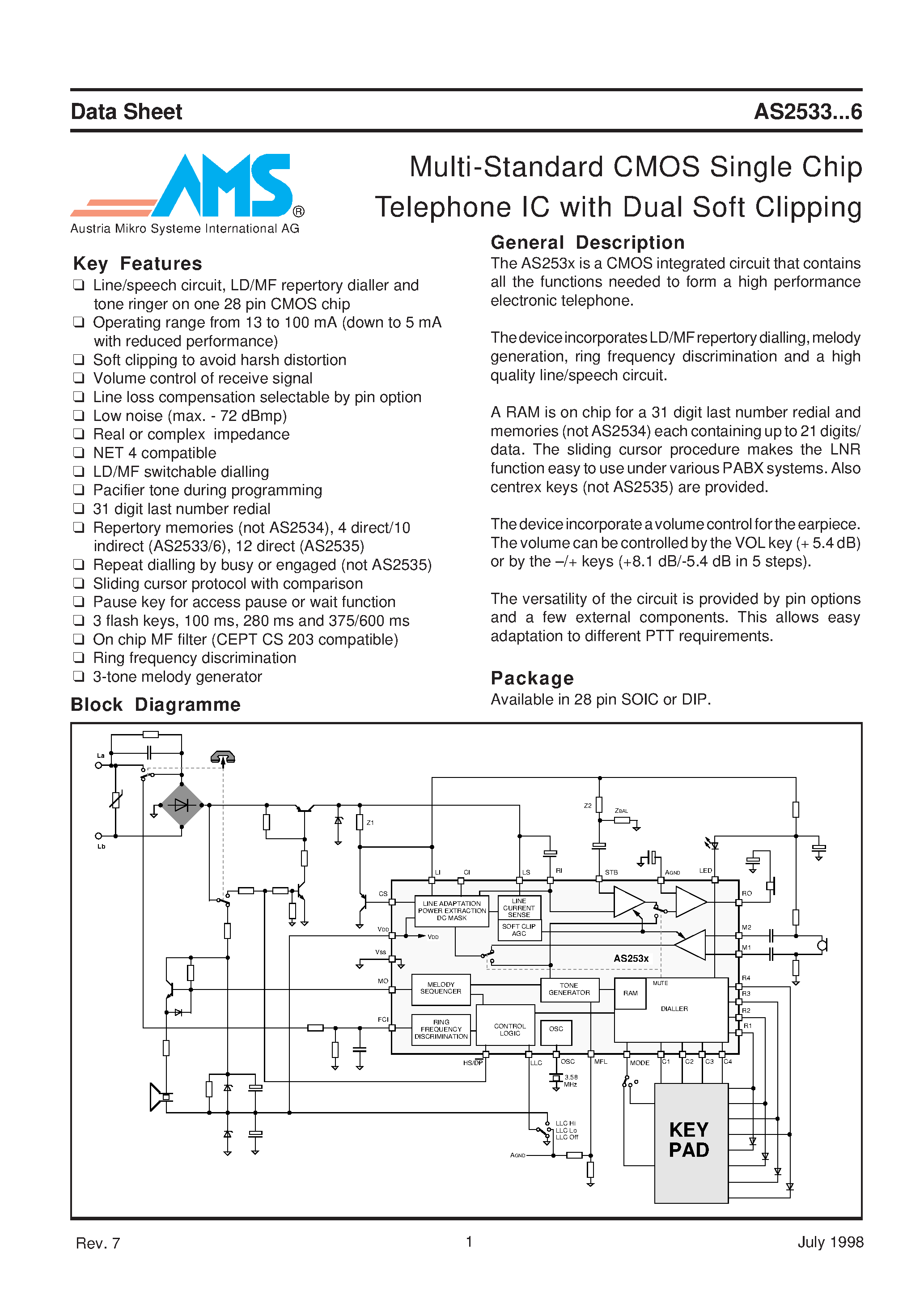 Даташит AS2533P - Multi-Standard CMOS Single Chip Telephone IC with Dual Soft Clipping страница 1
