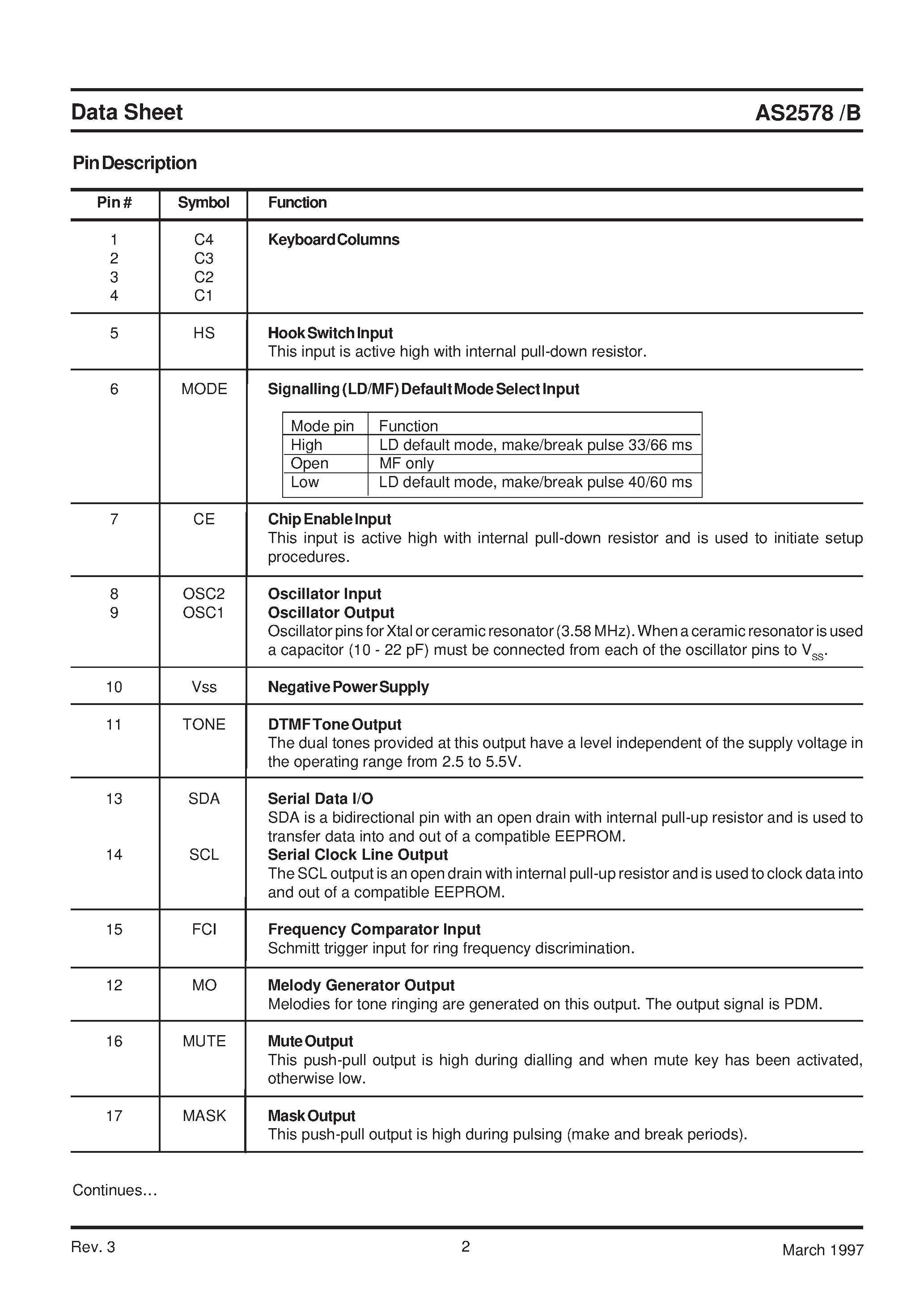 Datasheet AS2578 - TELEPHONE CONTROLLER WITH 13 MEMORIES AND 2-WIRE BUS page 2