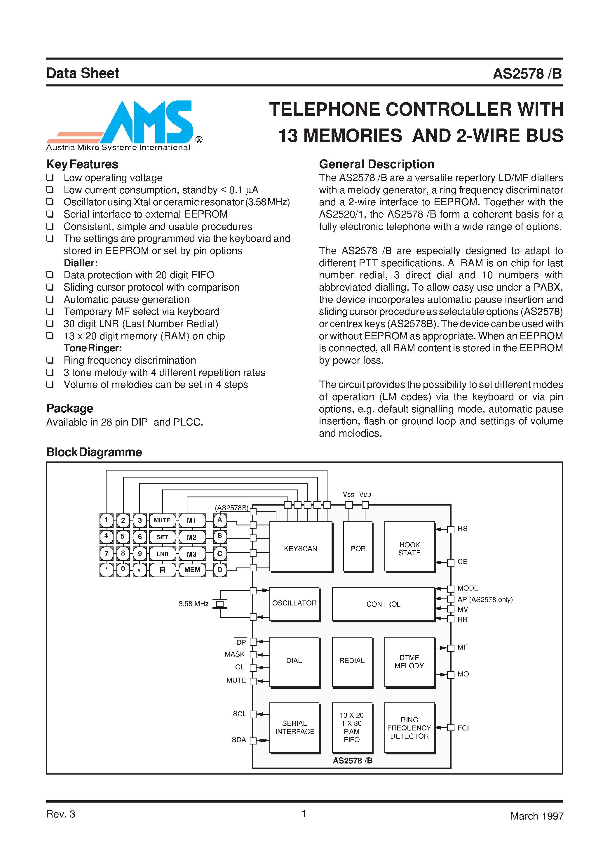 Datasheet AS2578N - TELEPHONE CONTROLLER WITH 13 MEMORIES AND 2-WIRE BUS page 1
