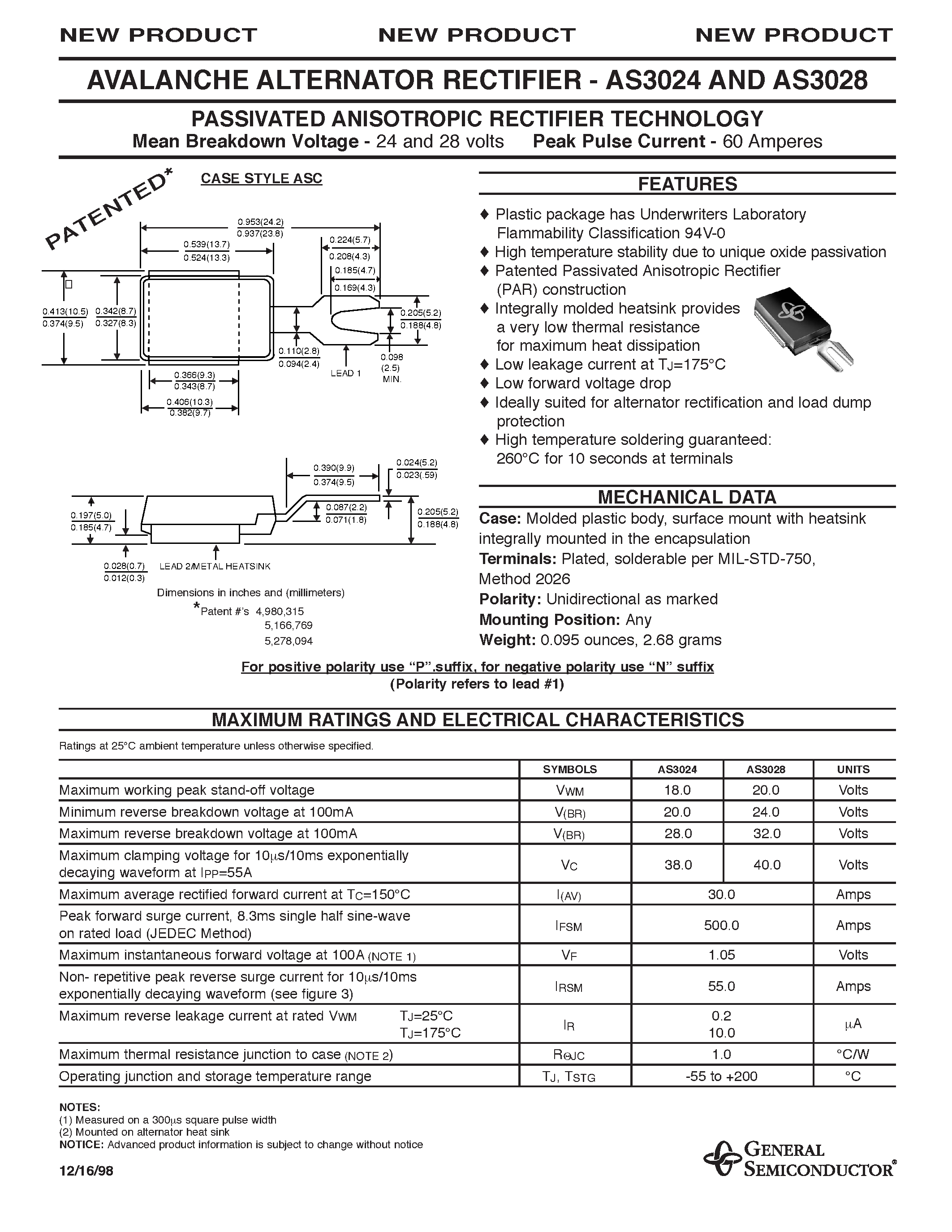 Datasheet AS3028 - PASSIVATED ANISOTROPIC RECTIFIER TECHNOLOGY page 1