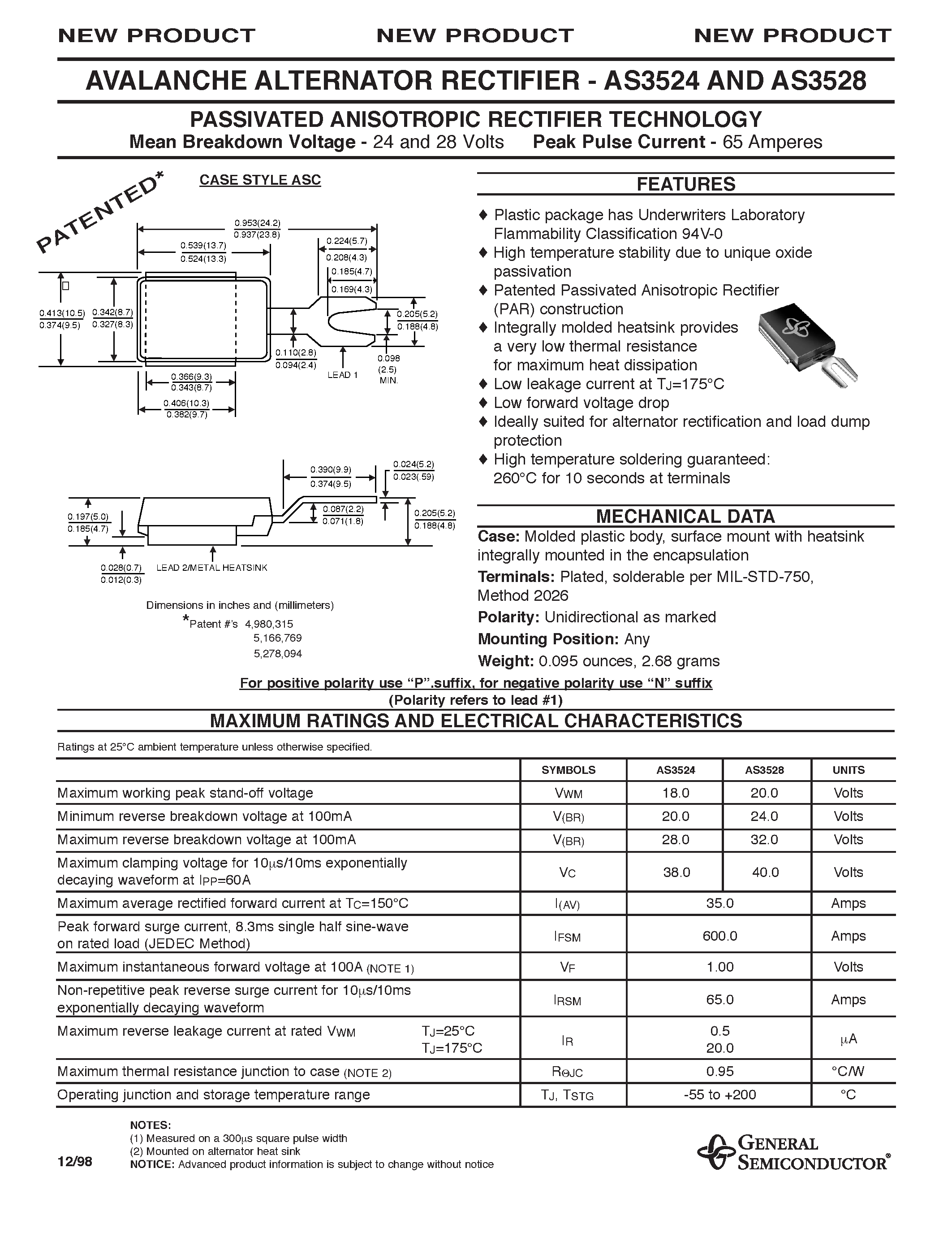 Datasheet AS3528 page 1 Datasheet AS3528 - PASSIVATED ANISOTROPIC RECTIFIER TECHNOLOGY page 1