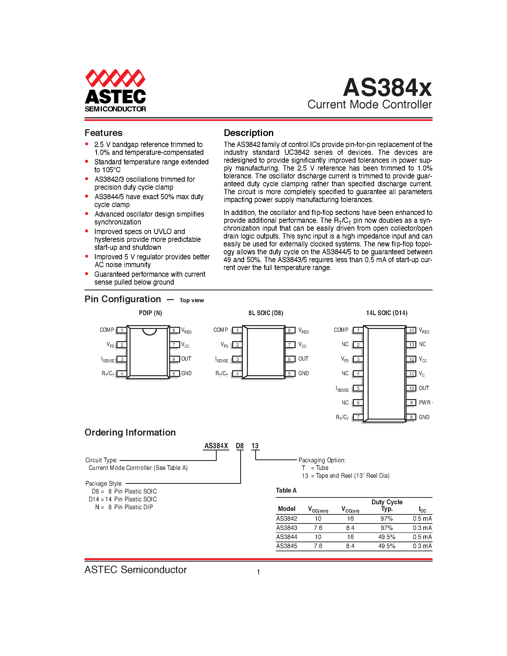 Даташит на микросхему AS3842 страница 1 Даташит AS3842 - Current Mode Controller страница 1