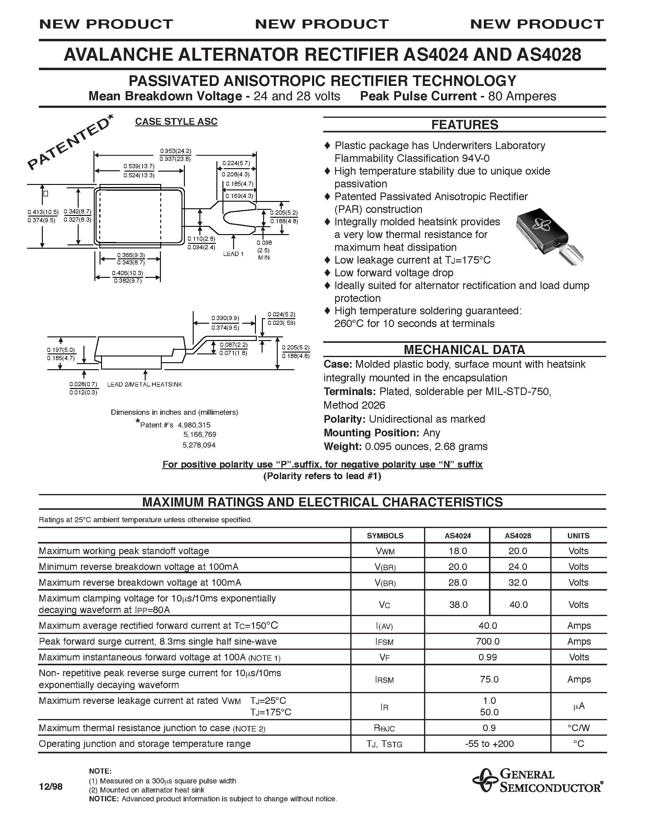 Datasheet AS4024 page 1 Datasheet AS4024 - PASSIVATED ANISOTROPIC RECTIFIER TECHNOLOGY page 1