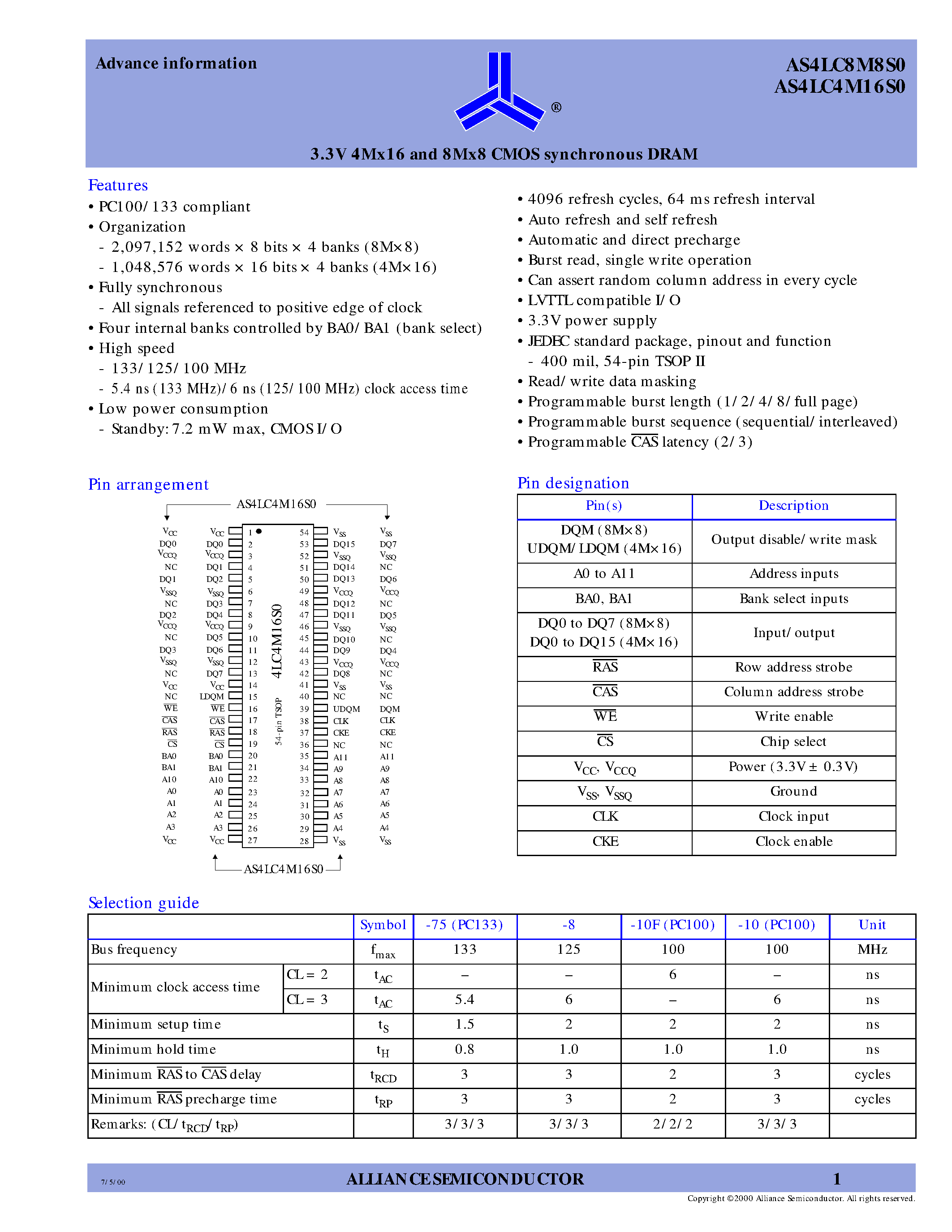Datasheet AS4LC8M8S0 page 1 Datasheet AS4LC8M8S0 - 3.3V 4Mx16 and 8Mx8 CMOS synchronous DRAM page 1