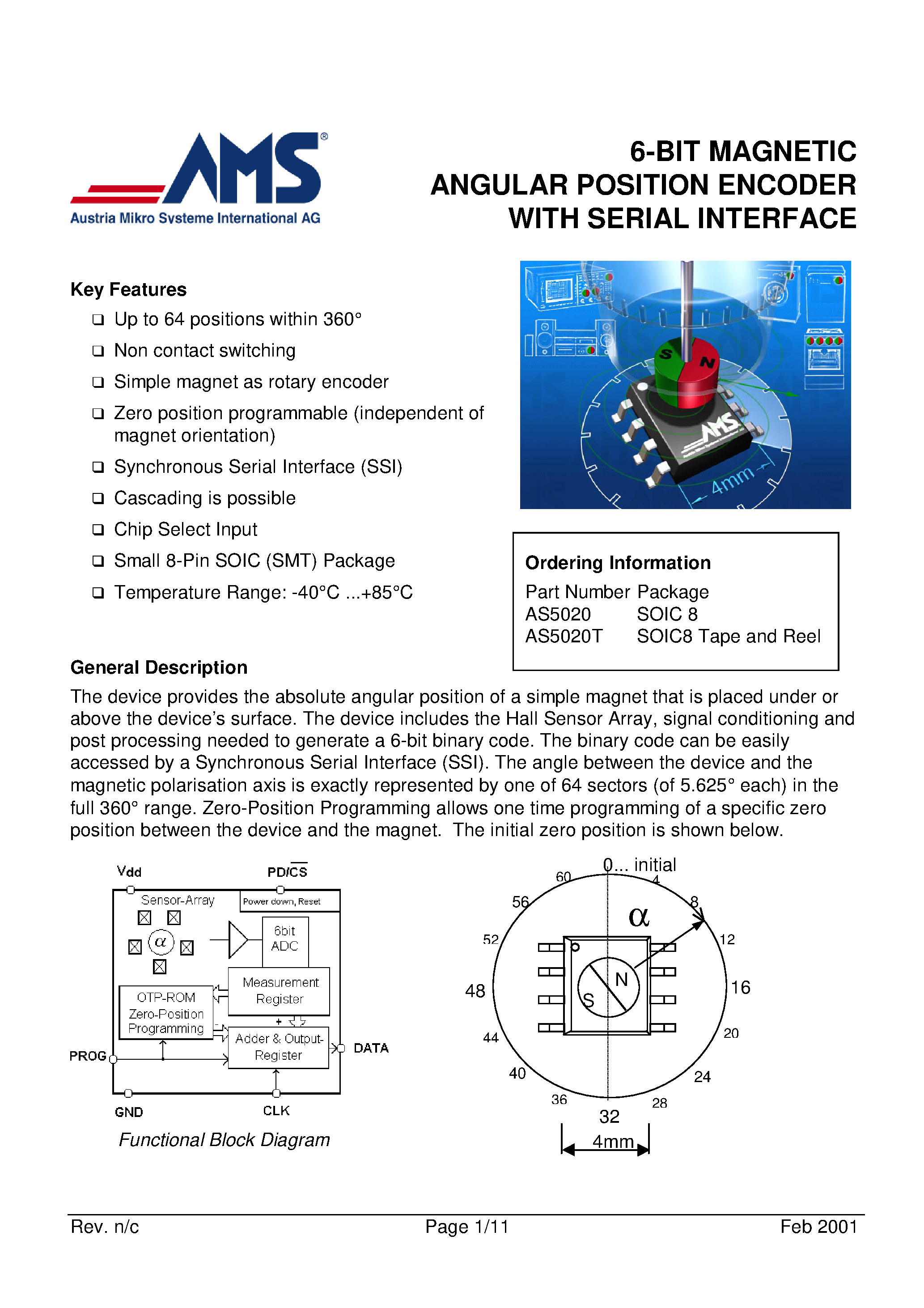 Datasheet AS5020 - 6-BIT MAGNETIC ANGULAR POSITION ENCODER WITH SERIAL INTERFACE page 1