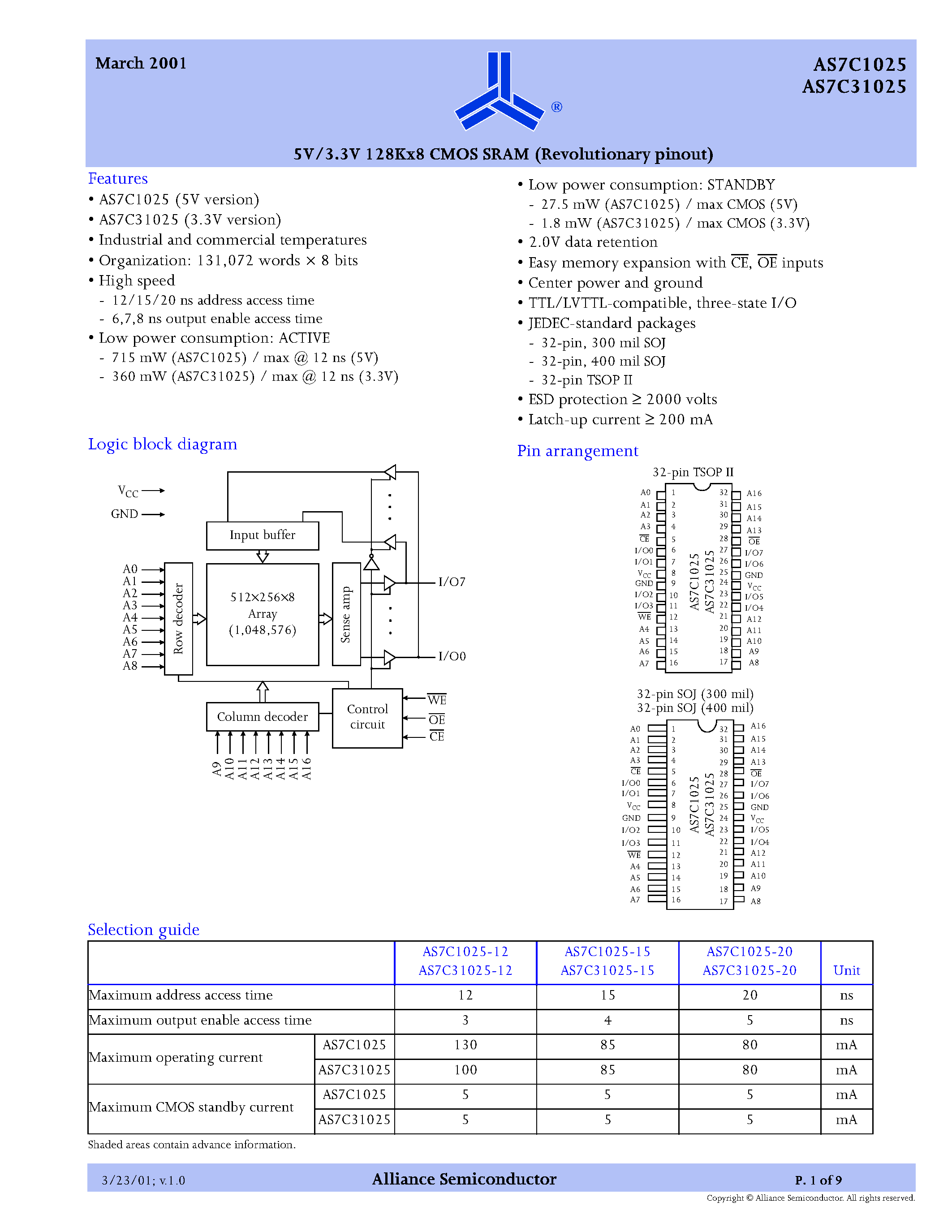 Datasheet AS7C1025 - 5V/3.3V 128K x8 CMOS SRAM (Revolutionary pinout) page 1