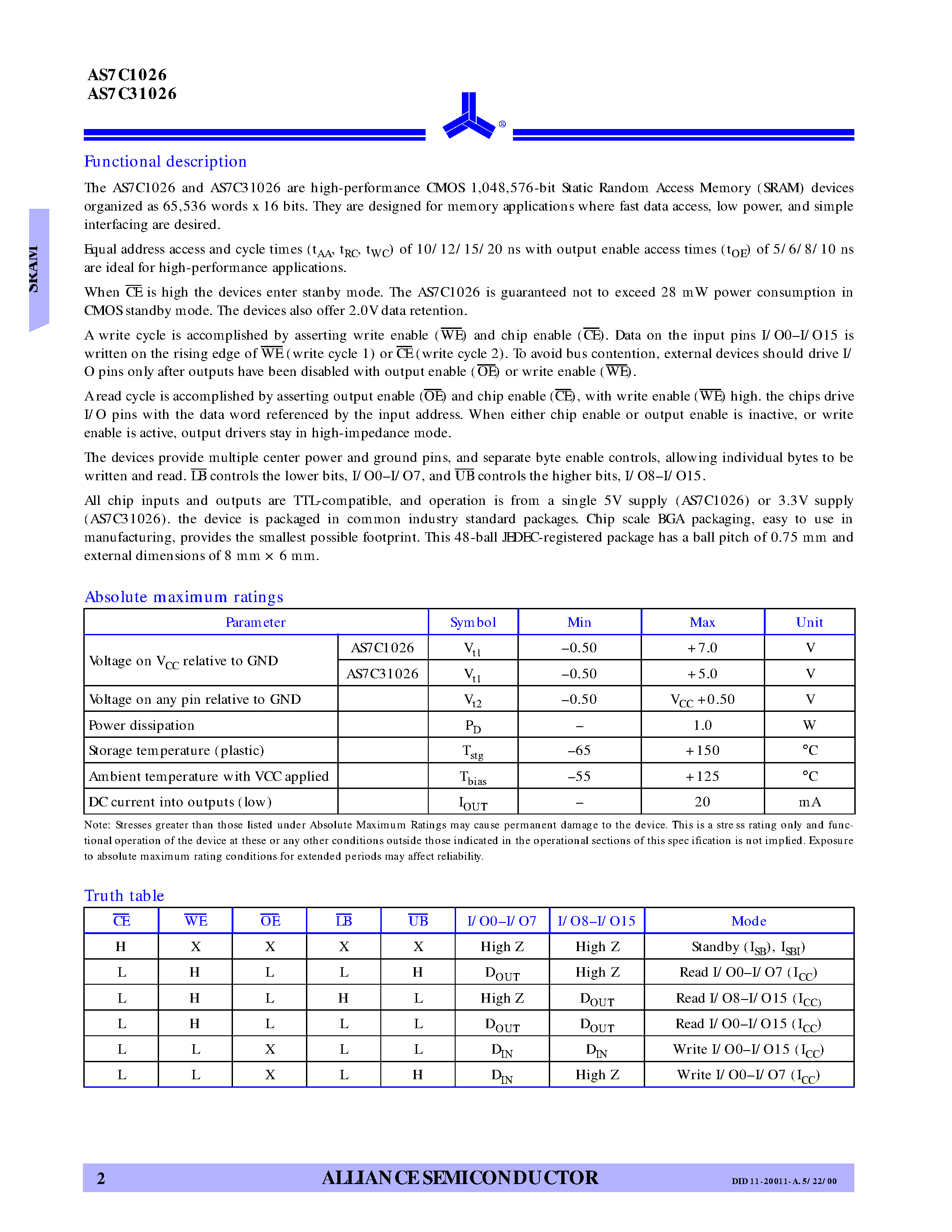 Datasheet AS7C1026-12 page 2 Datasheet AS7C1026-12 - 5V/3.3V 64K16 CMOS SRAM page 2
