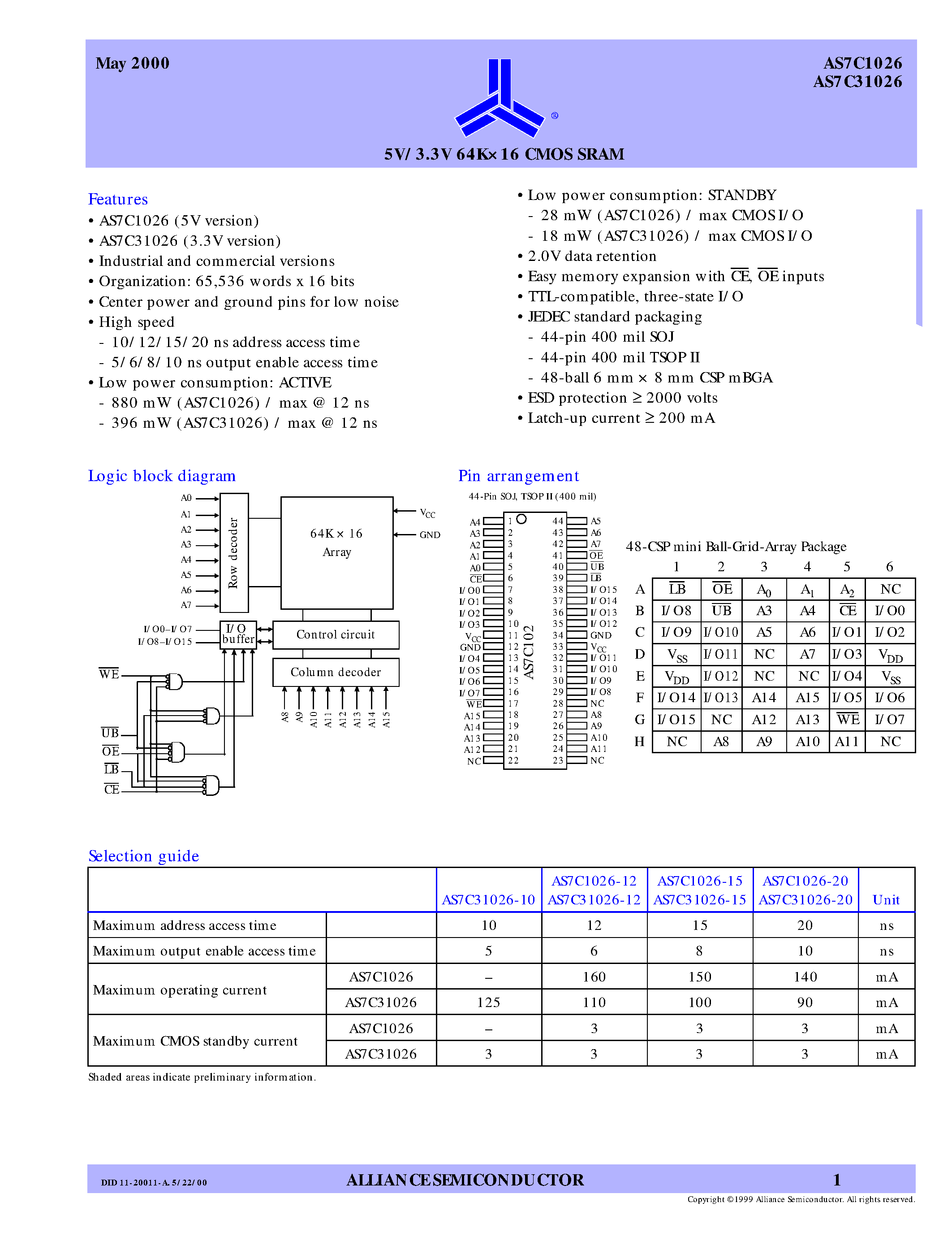 Datasheet AS7C1026-20 page 1 Datasheet AS7C1026-20 - 5V/3.3V 64K16 CMOS SRAM page 1
