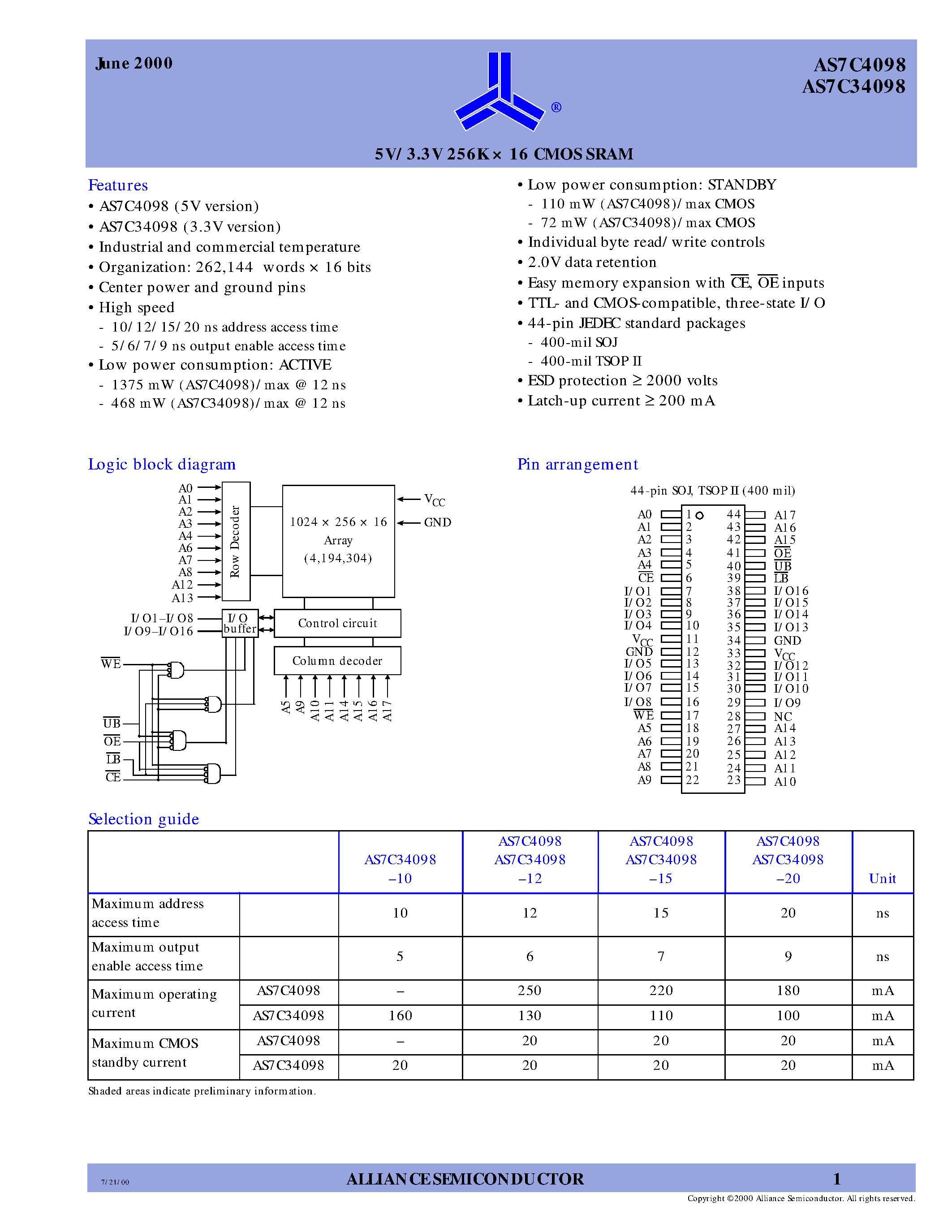Datasheet AS7C34098-12TC page 1 Datasheet AS7C34098-12TC - 5V/3.3V 256K 16 CMOS SRAM page 1