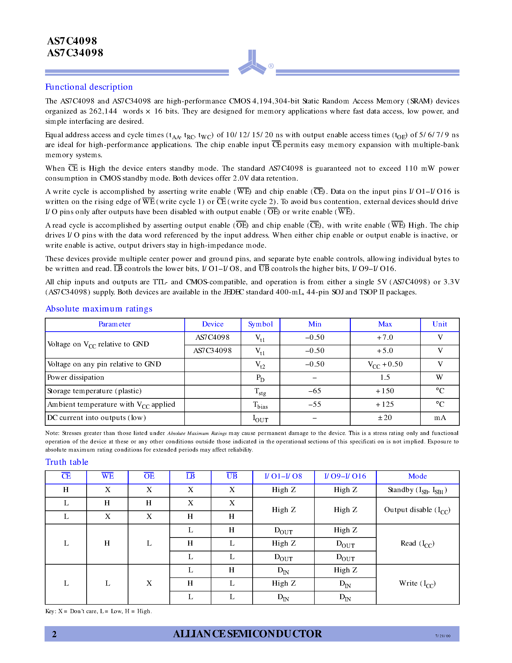 Datasheet AS7C34098-15JC page 2 Datasheet AS7C34098-15JC - 5V/3.3V 256K 16 CMOS SRAM page 2
