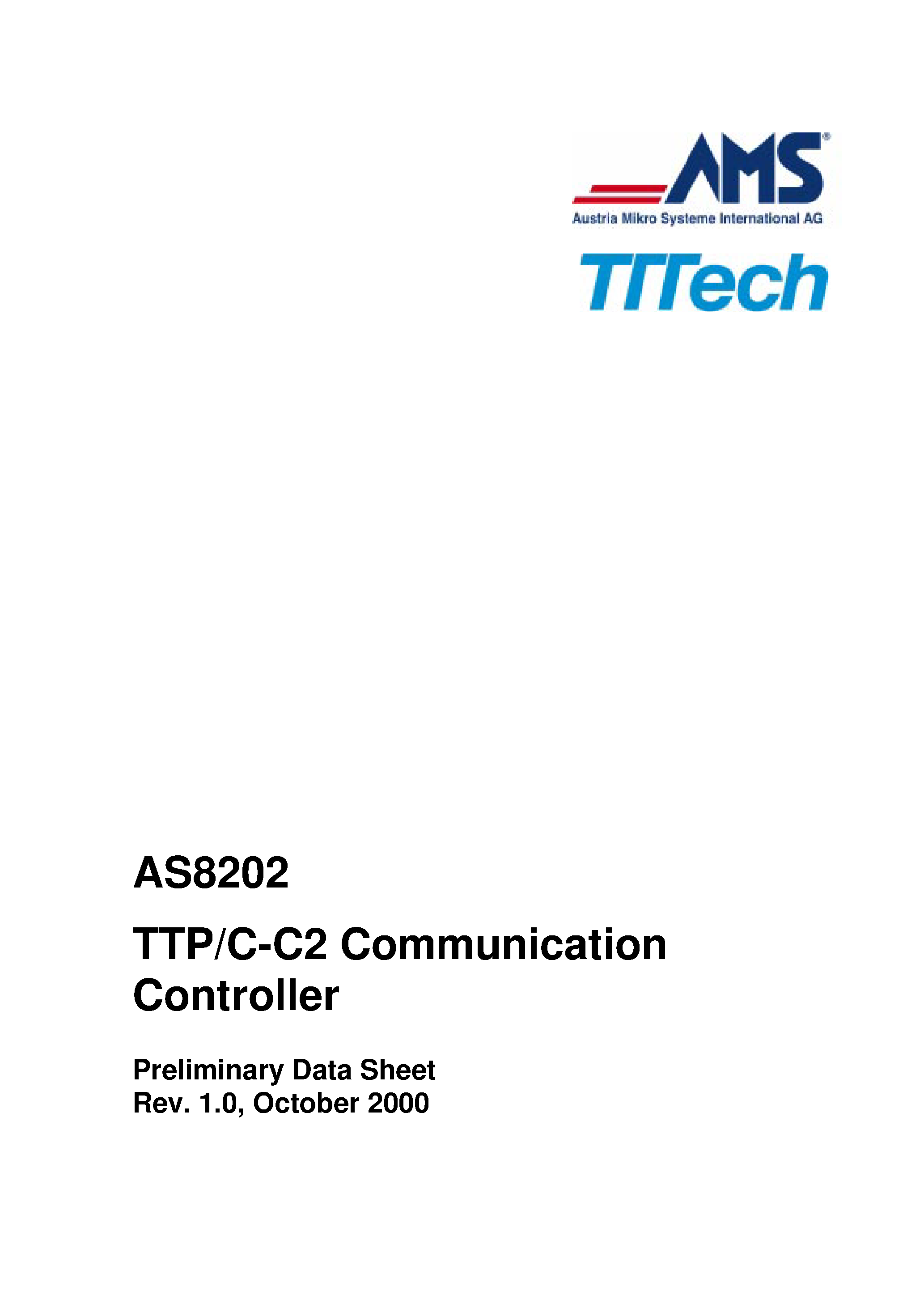 Datasheet AS8202 page 1 Datasheet AS8202 - TTP/C-C2 Communication Controller page 1