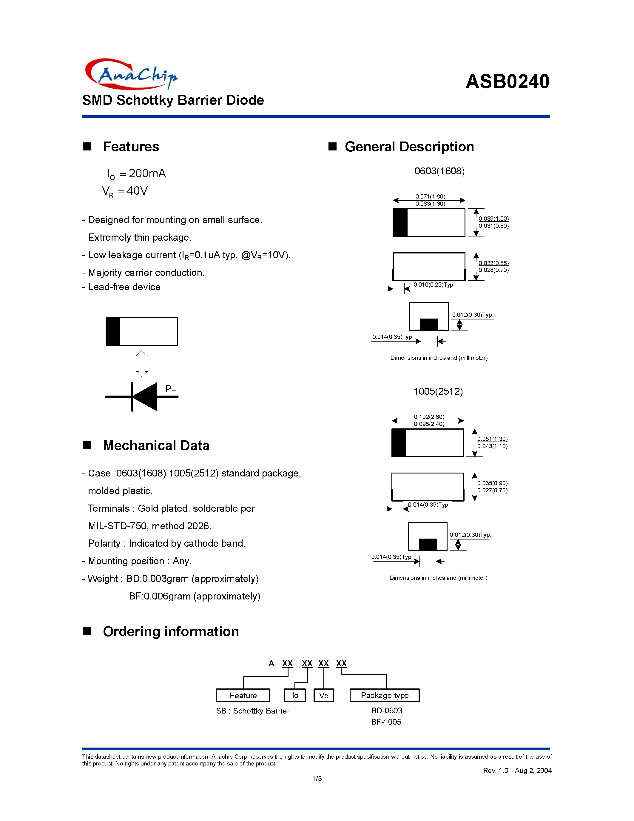 Datasheet ASBI0V0BF-1005 page 1 Datasheet ASBI0V0BF-1005 - SMD Schottky Barrier Diode page 1