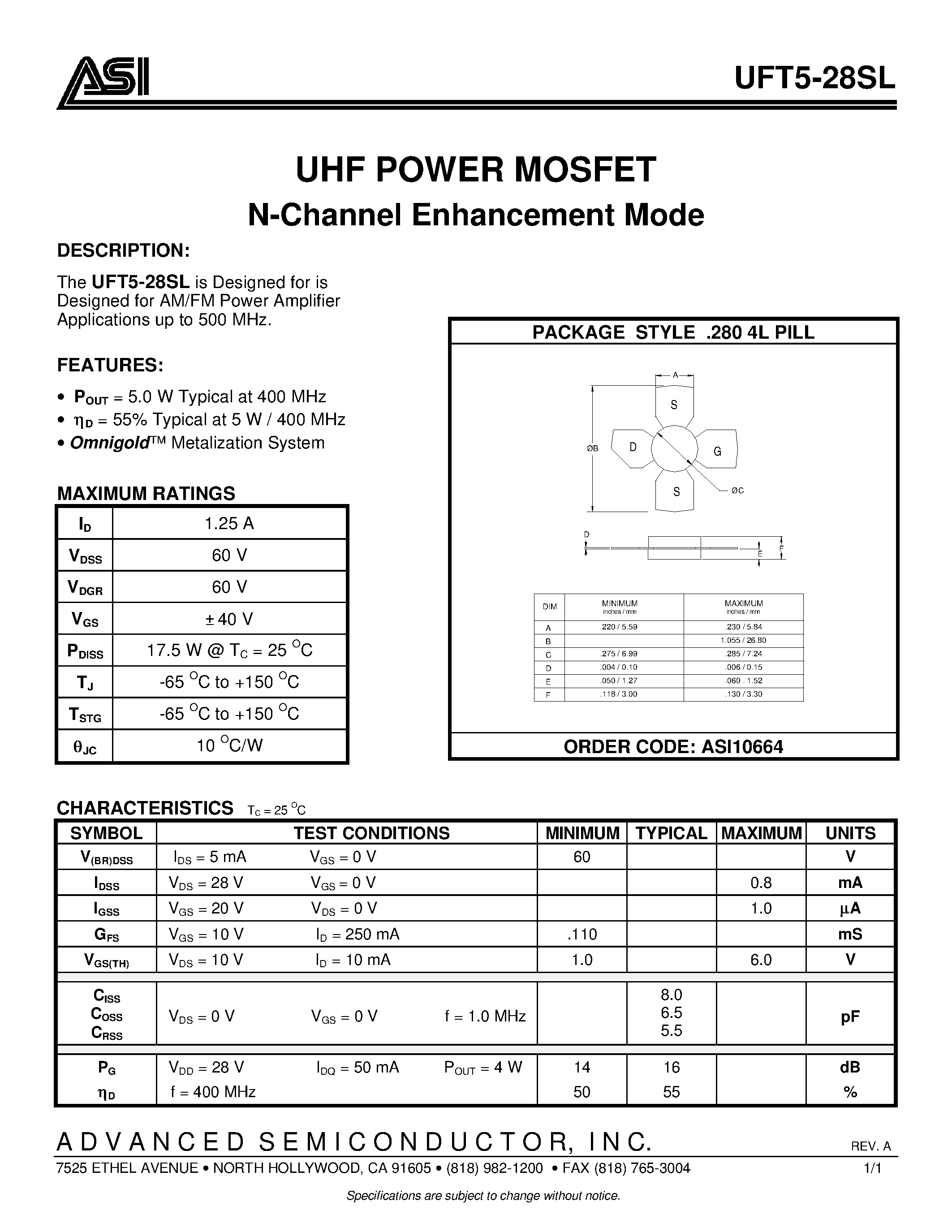 Datasheet ASI10664 - UHF POWER MOSFET N-Channel Enhancement Mode page 1