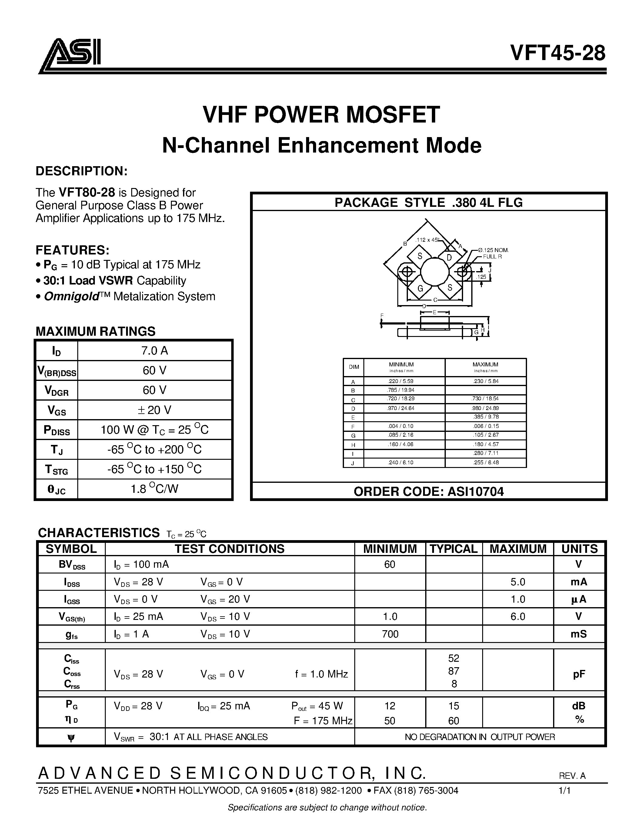 Datasheet ASI10704 - VHF POWER MOSFET N-Channel Enhancement Mode page 1