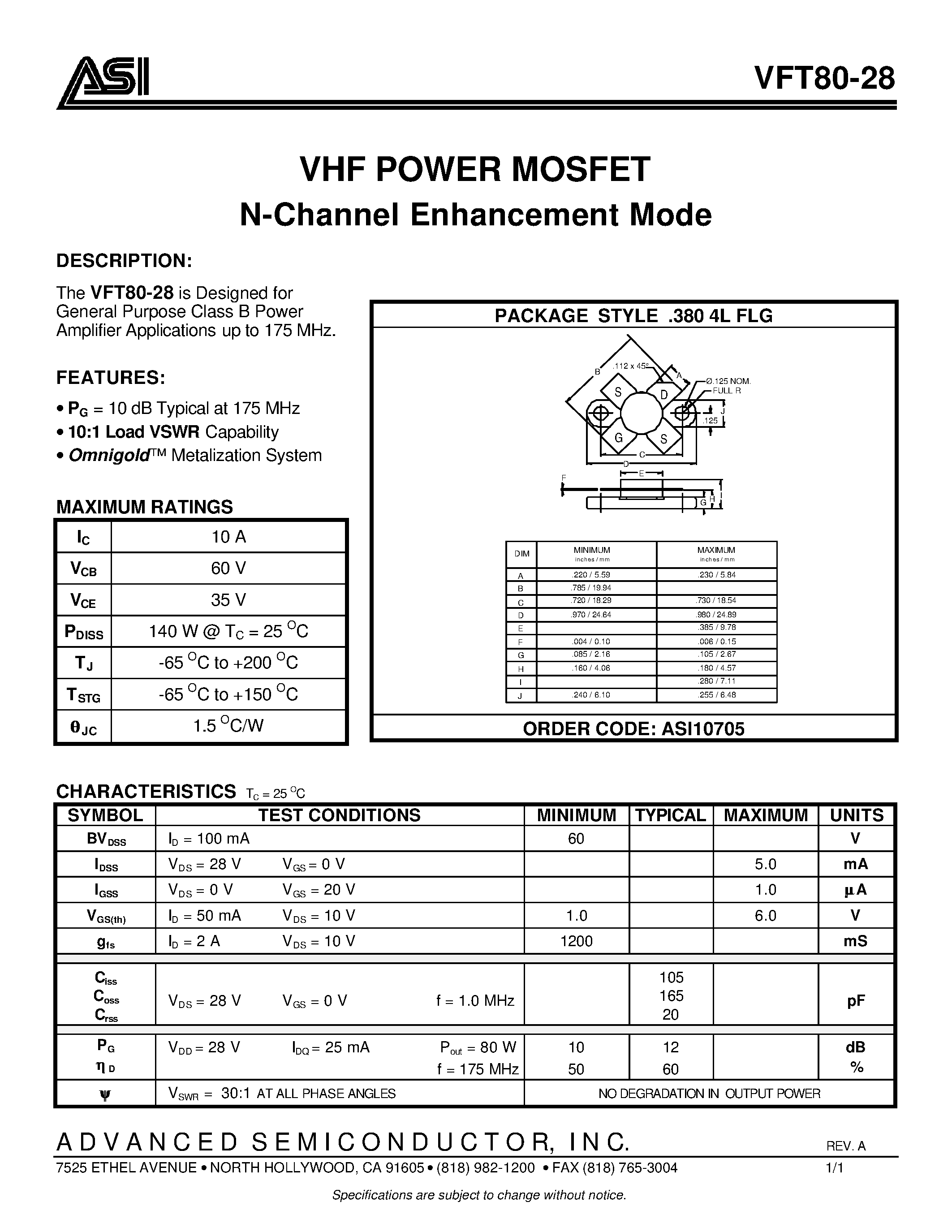 Datasheet ASI10705 - VHF POWER MOSFET N-Channel Enhancement Mode page 1