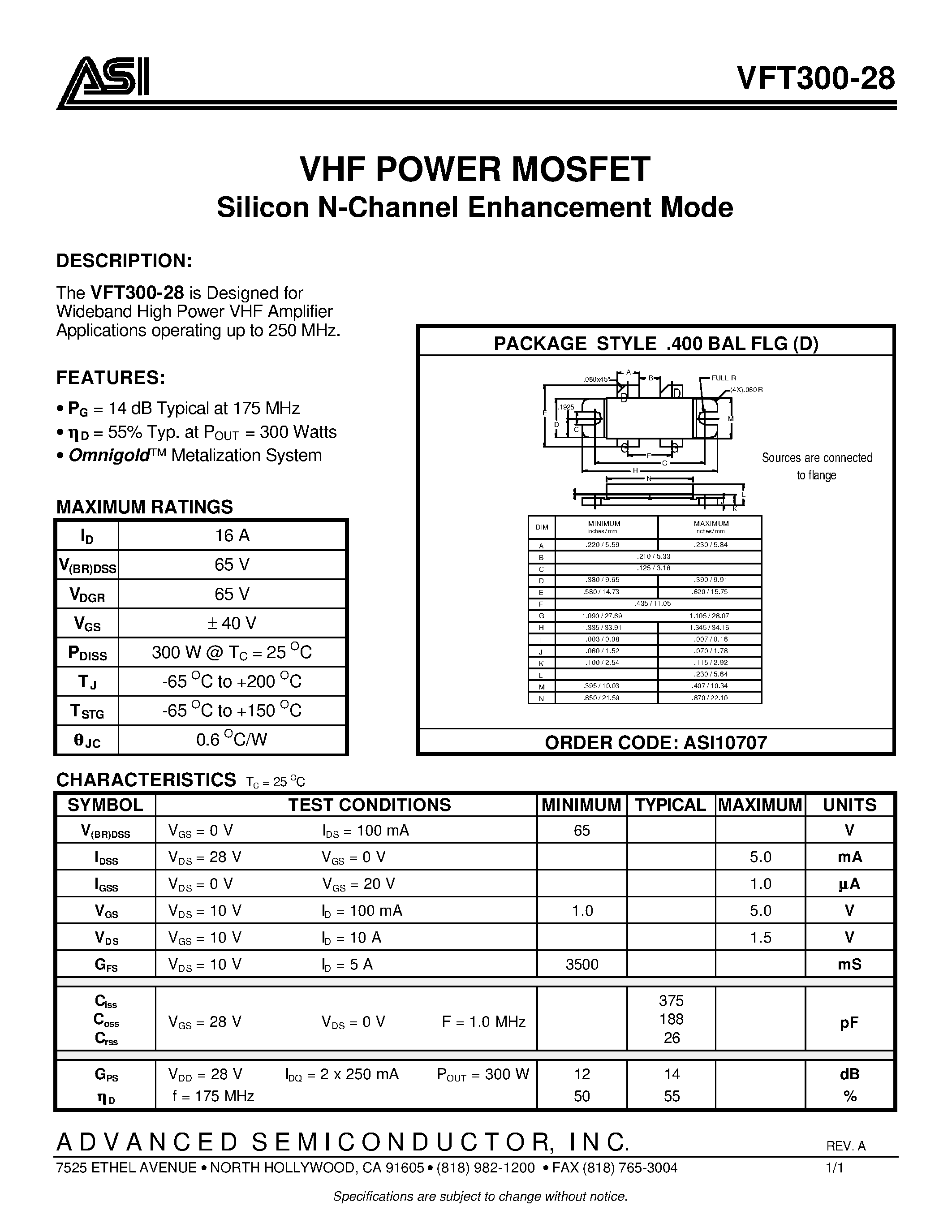 Datasheet ASI10707 - VHF POWER MOSFET Silicon N-Channel Enhancement Mode page 1