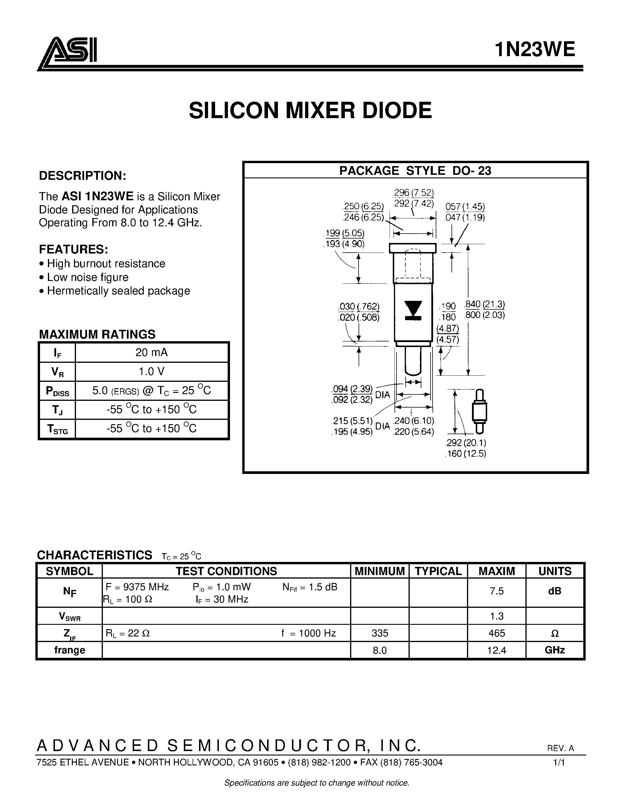 Datasheet ASI1N23WE page 1 Datasheet ASI1N23WE - SILICON MIXER DIODE page 1