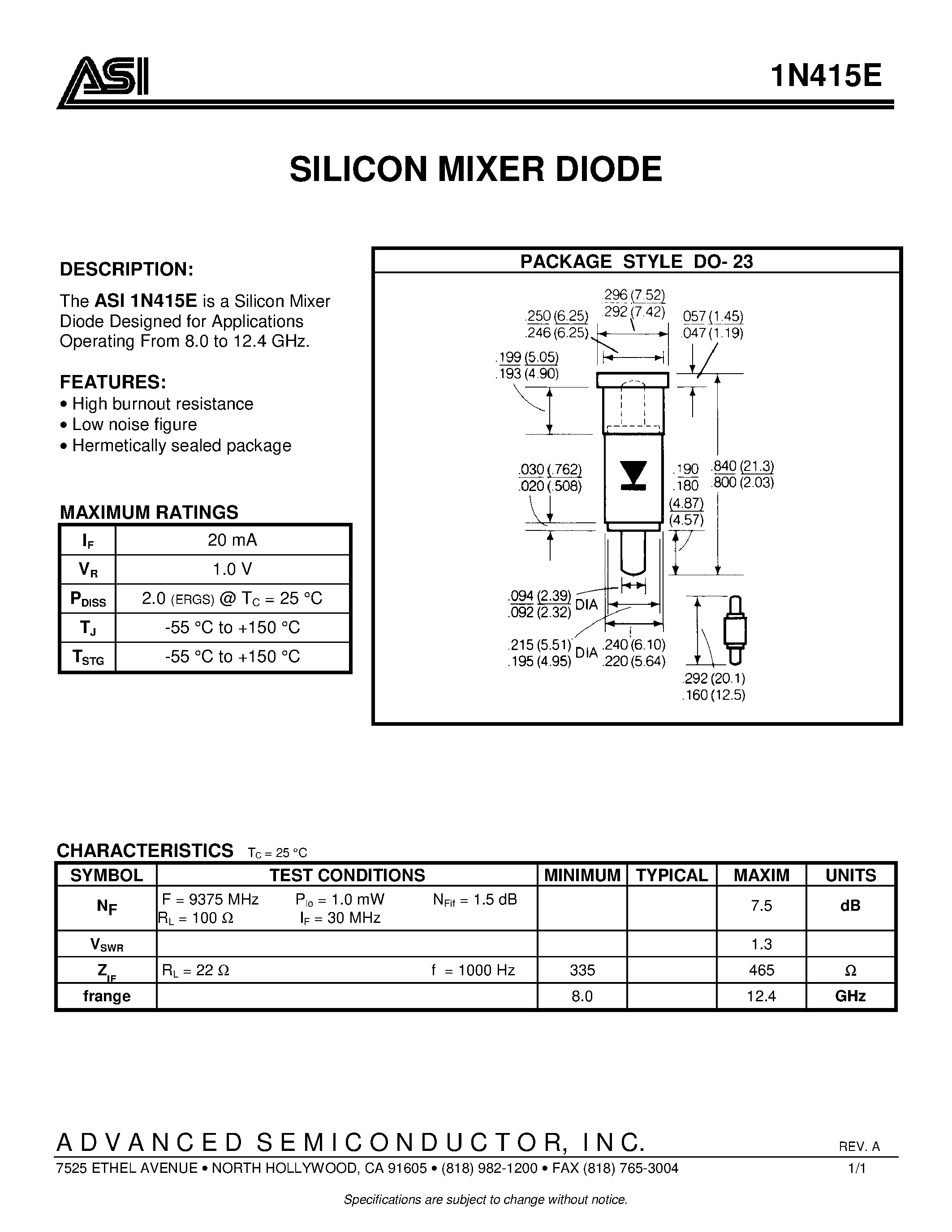 Datasheet ASI1N415E page 1 Datasheet ASI1N415E - SILICON MIXER DIODE page 1