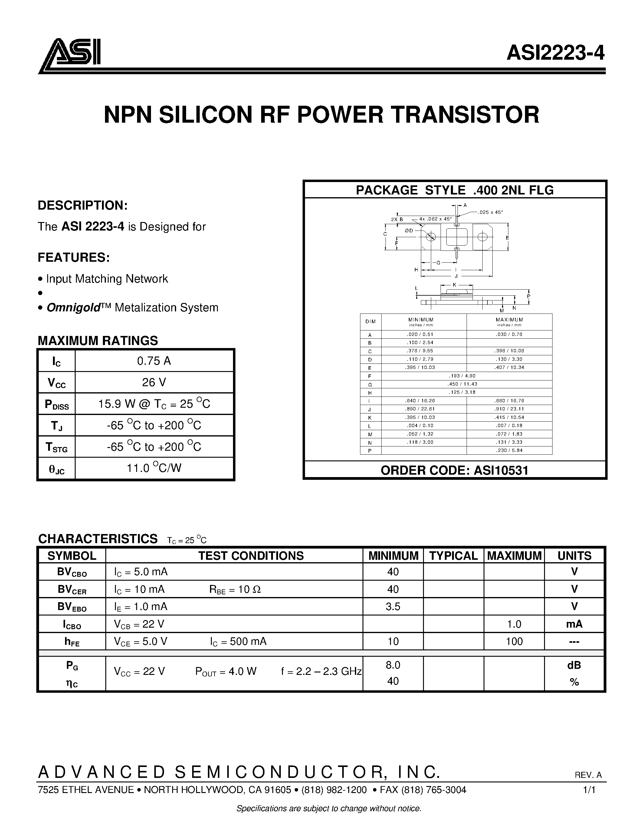 Datasheet ASI2223-4 - NPN SILICON RF POWER TRANSISTOR page 1