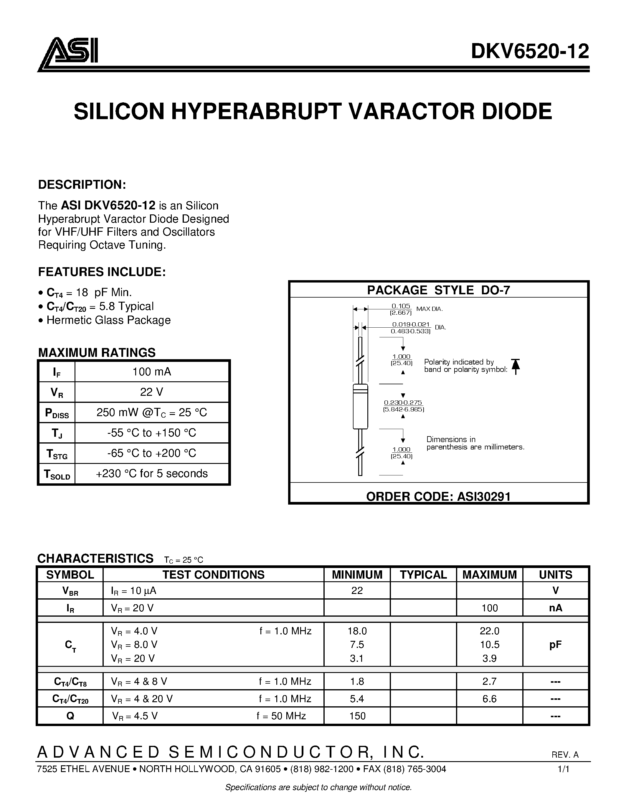 Datasheet ASI30291 page 1 Datasheet ASI30291 - SILICON HYPERABRUPT VARACTOR DIODE page 1
