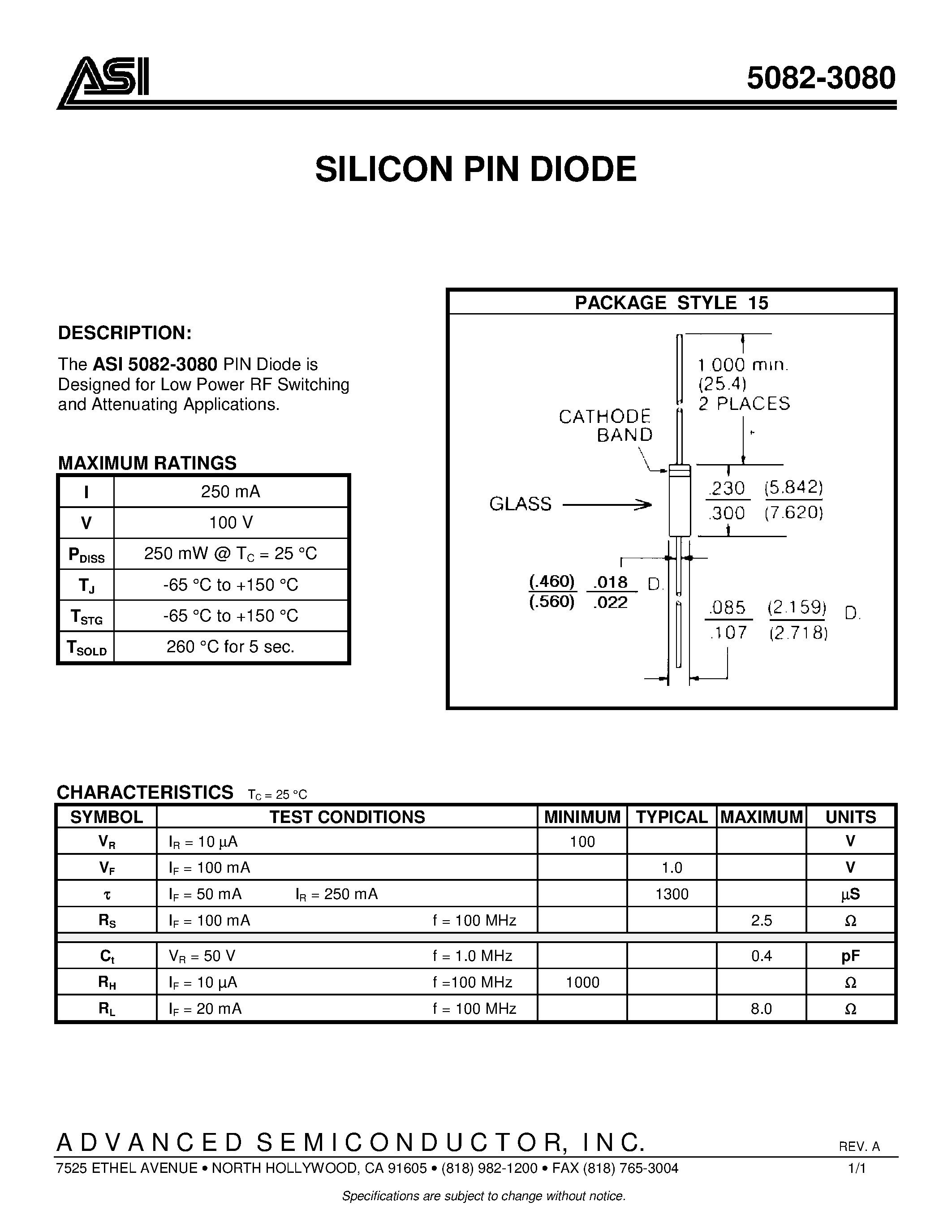 Datasheet ASI5082-3080 page 1 Datasheet ASI5082-3080 - SILICON PIN DIODE page 1