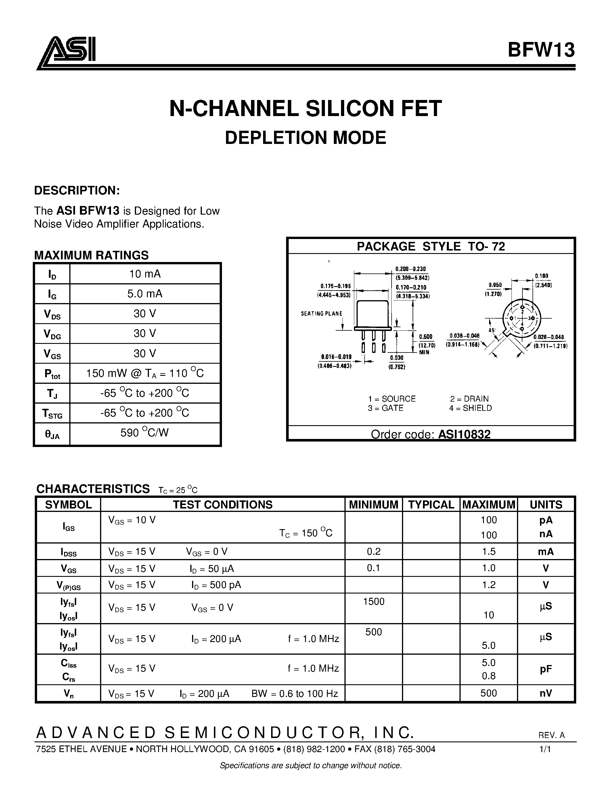 Datasheet ASIBFW13 - N-CHANNEL SILICON FET DEPLETION MODE page 1