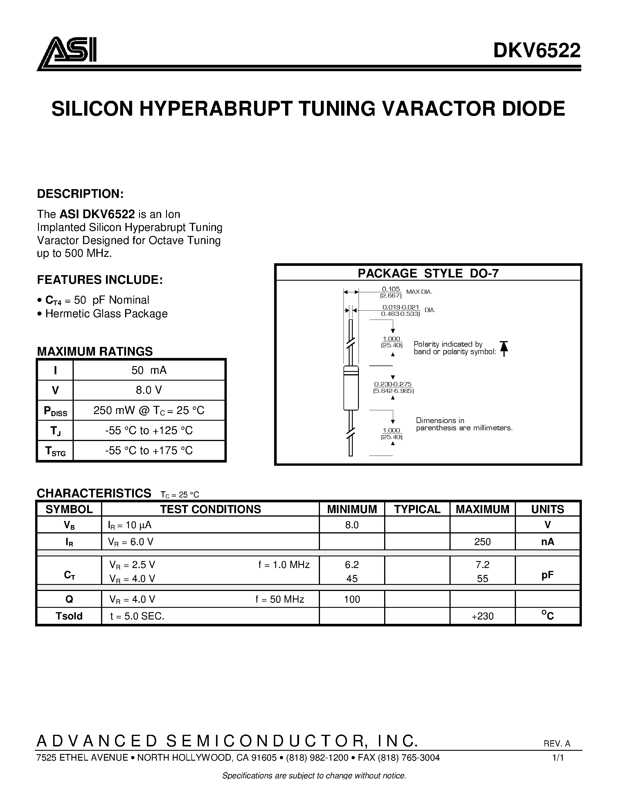 Datasheet ASIDKV6522 page 1 Datasheet ASIDKV6522 - SILICON HYPERABRUPT TUNING VARACTOR DIODE page 1