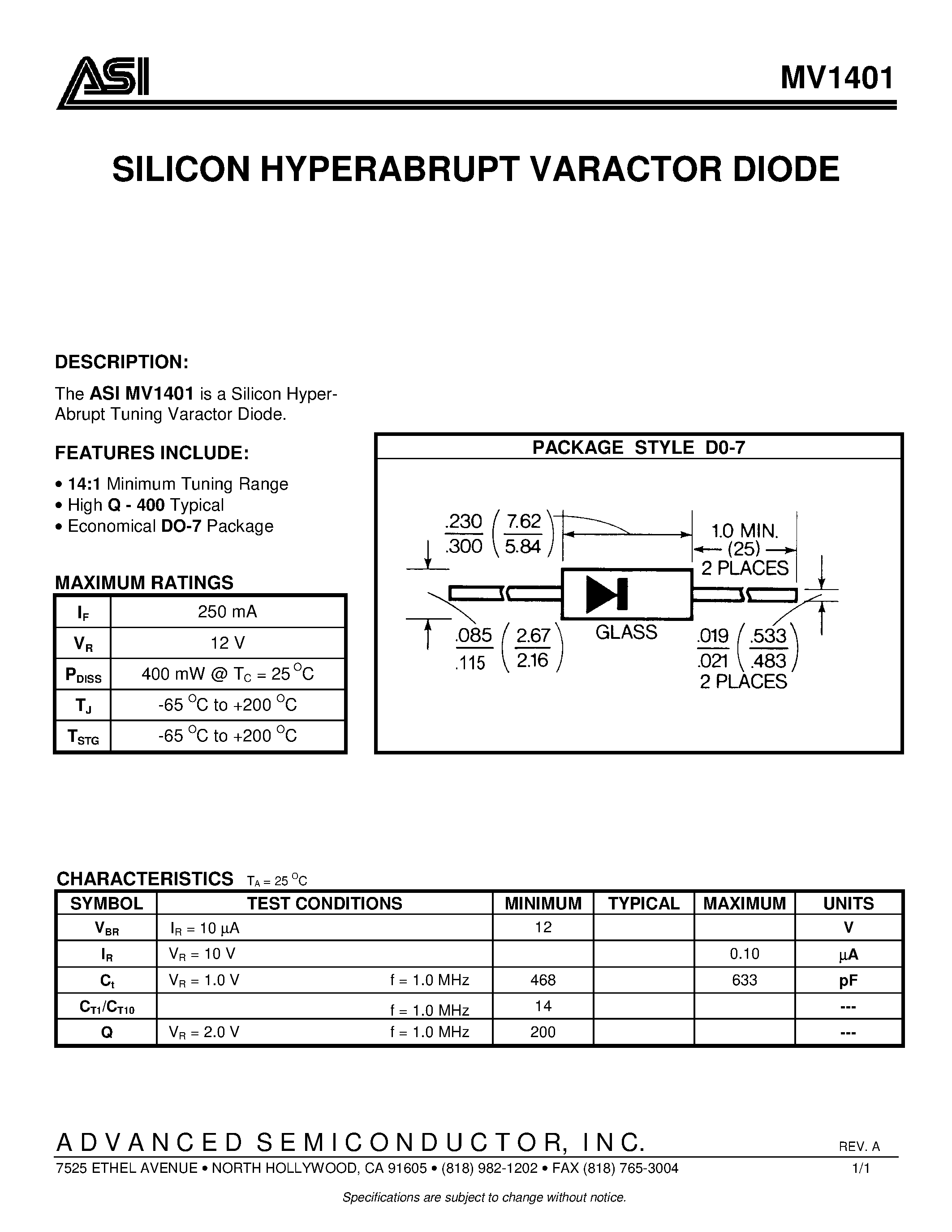 Datasheet ASIMV1401 page 1 Datasheet ASIMV1401 - SILICON HYPERABRUPT VARACTOR DIODE page 1