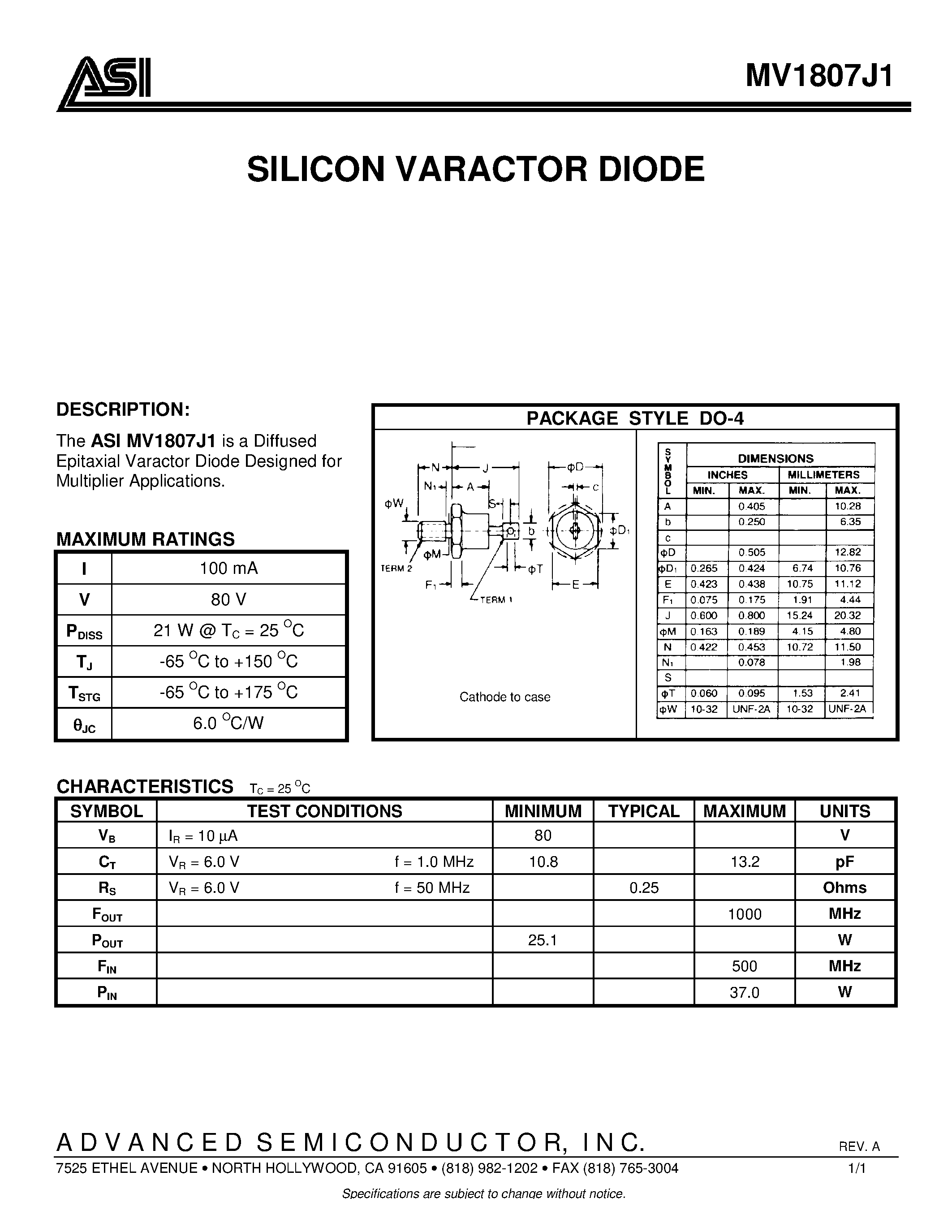 Datasheet ASIMV1807J1 page 1 Datasheet ASIMV1807J1 - SILICON VARACTOR DIODE page 1