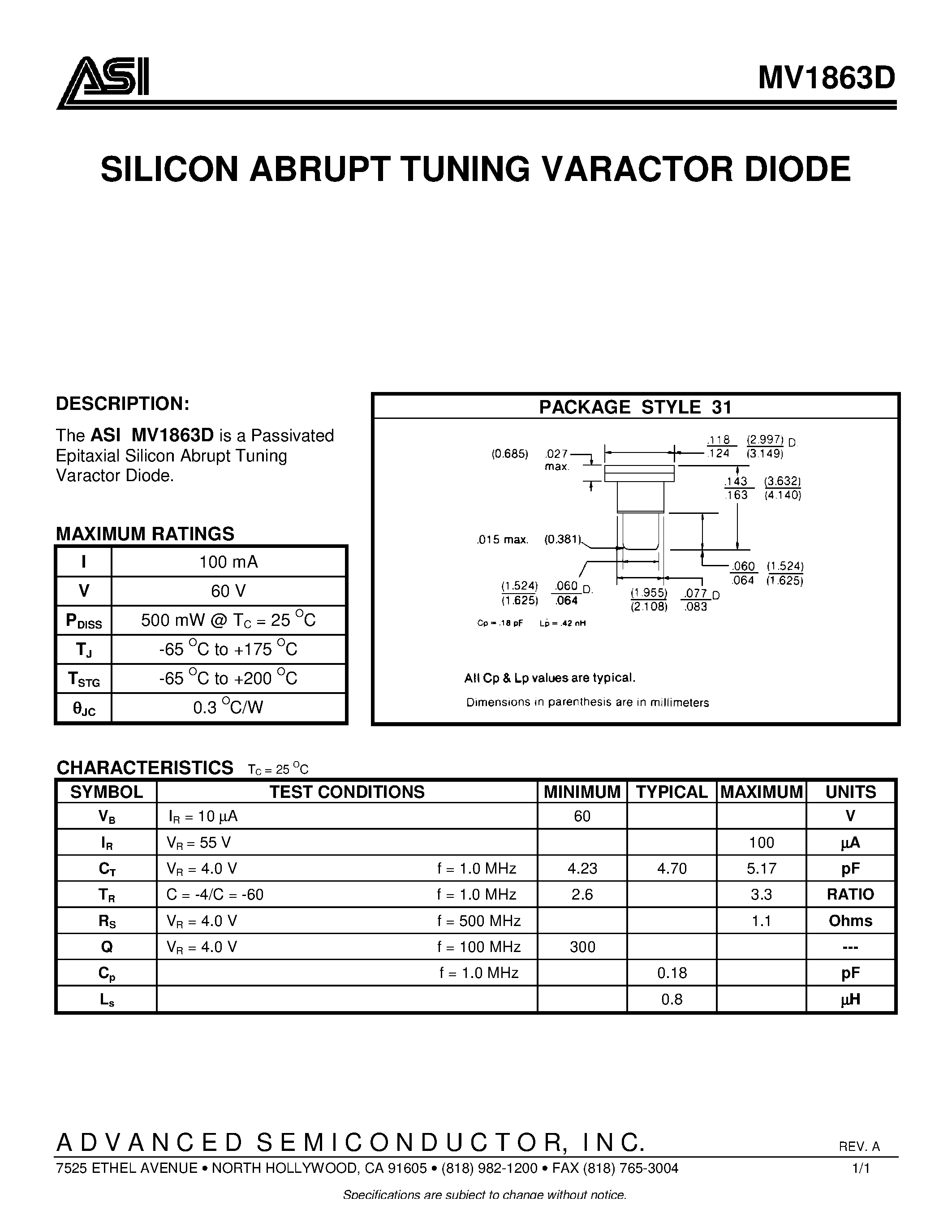 Datasheet ASIMV1863D page 1 Datasheet ASIMV1863D - SILICON ABRUPT TUNING VARACTOR DIODE page 1