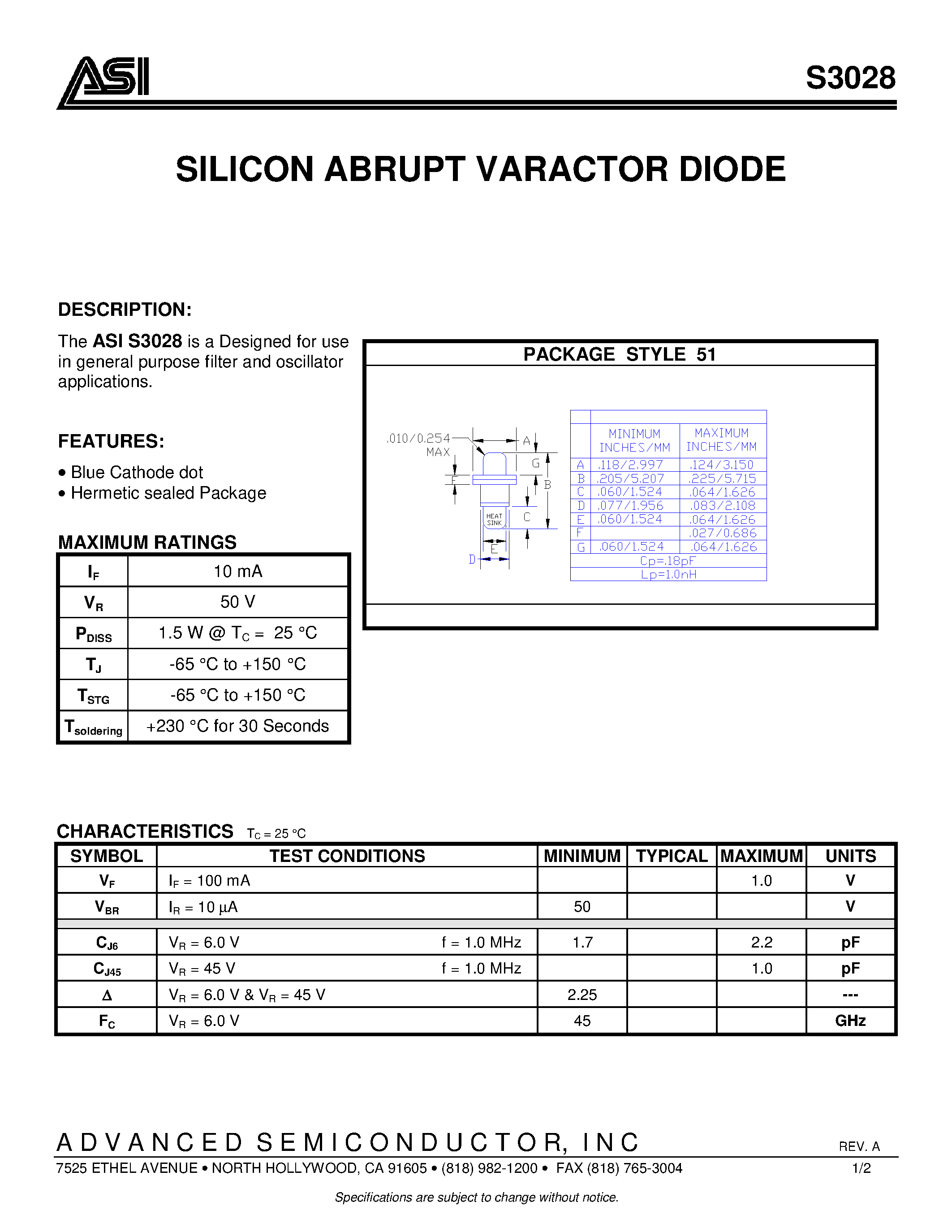 Datasheet ASIS3028 page 1 Datasheet ASIS3028 - SILICON ABRUPT VARACTOR DIODE page 1