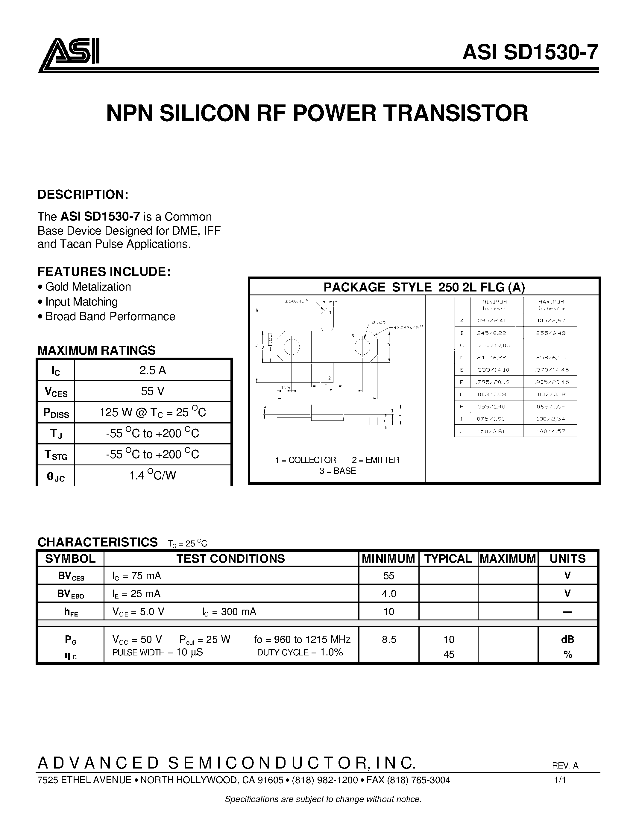 Datasheet ASISD1530-7 page 1 Datasheet ASISD1530-7 - NPN SILICON RF POWER TRANSISTOR page 1