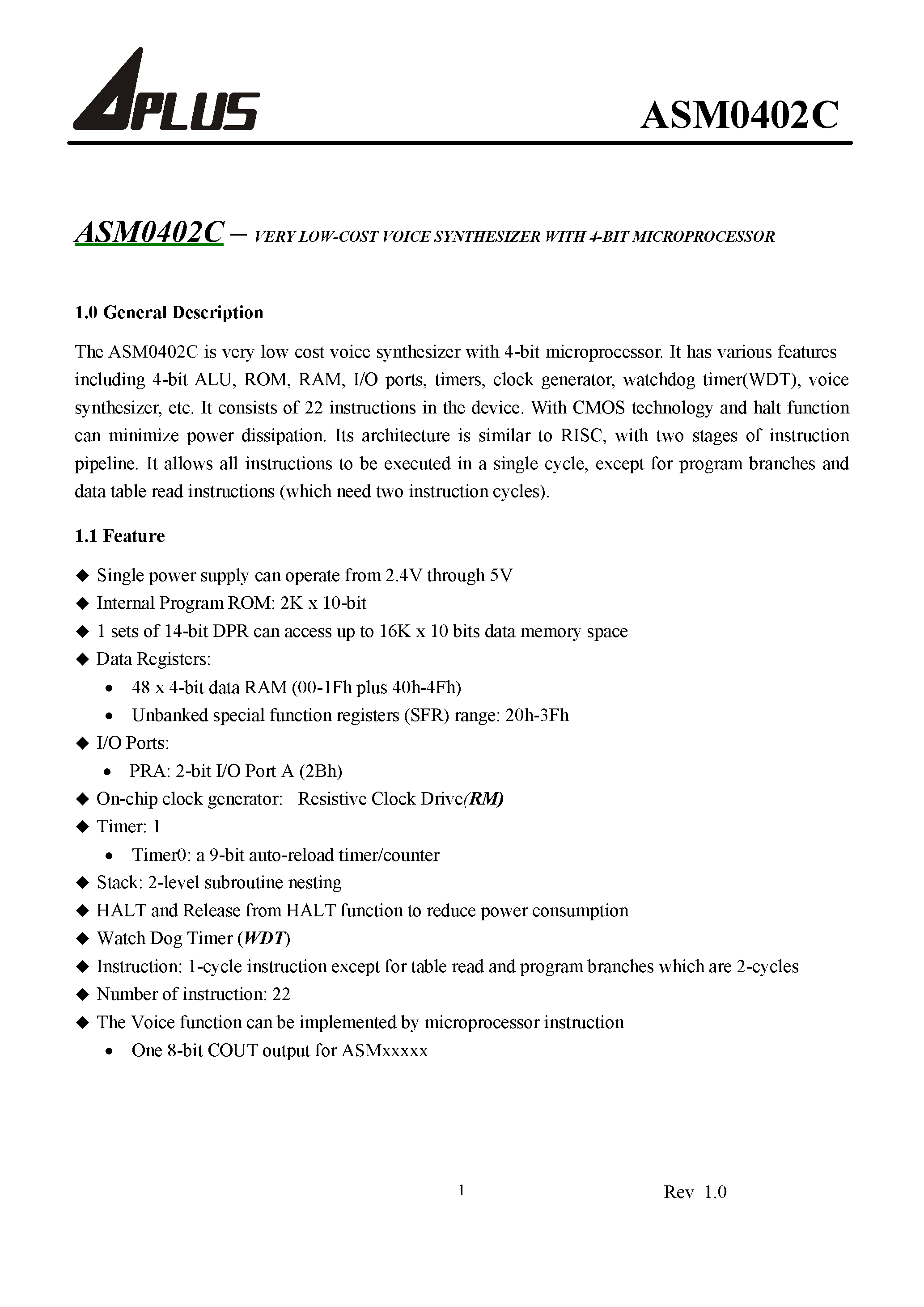Datasheet ASM0402C - VERY LOW-COST VOICE SYNTHESIZER WITH 4-BIT MICROPROCESSOR page 2