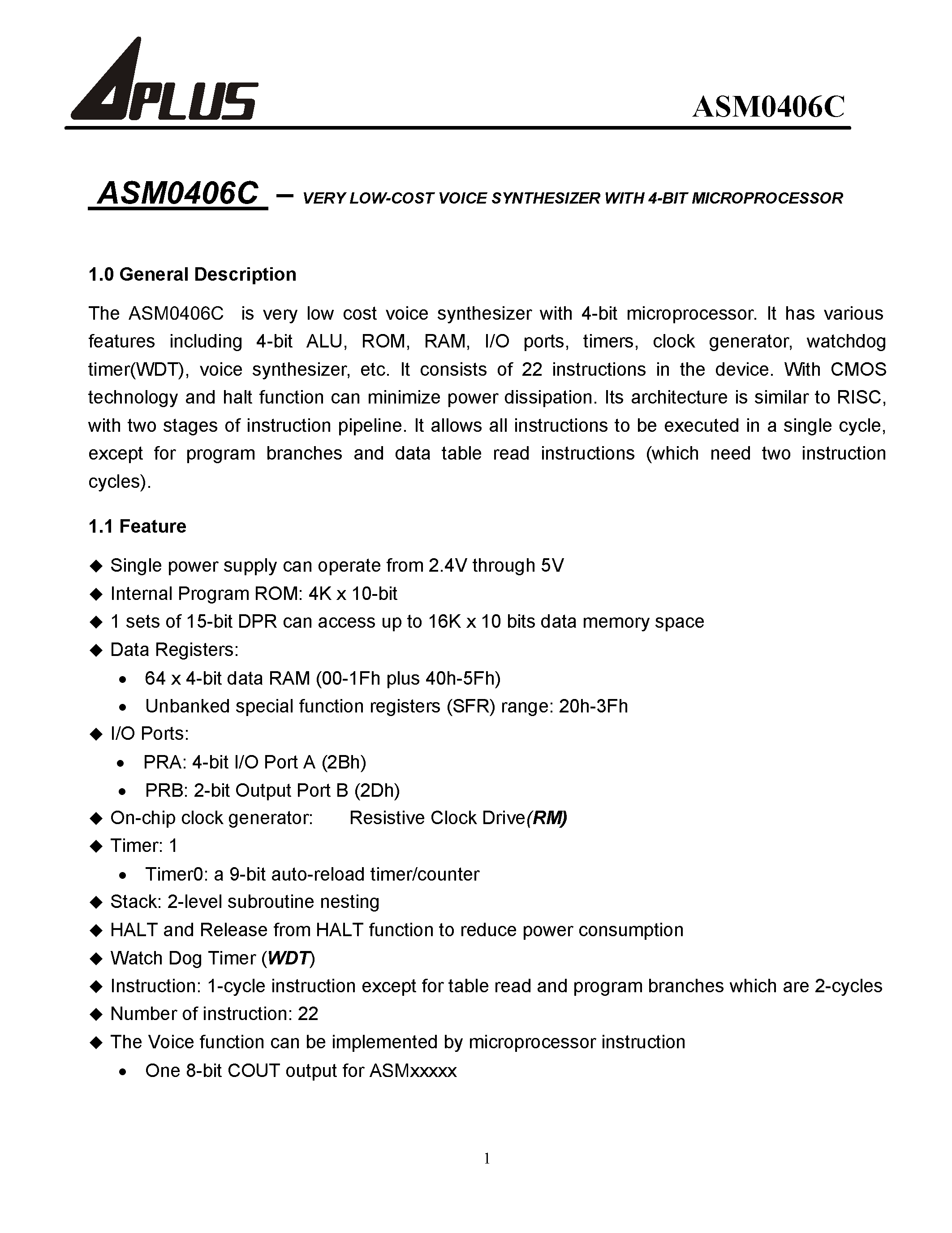 Datasheet ASM0406C - VERY LOW-COST VOICE SYNTHESIZER WITH 4-BIT MICROPROCESSOR page 2