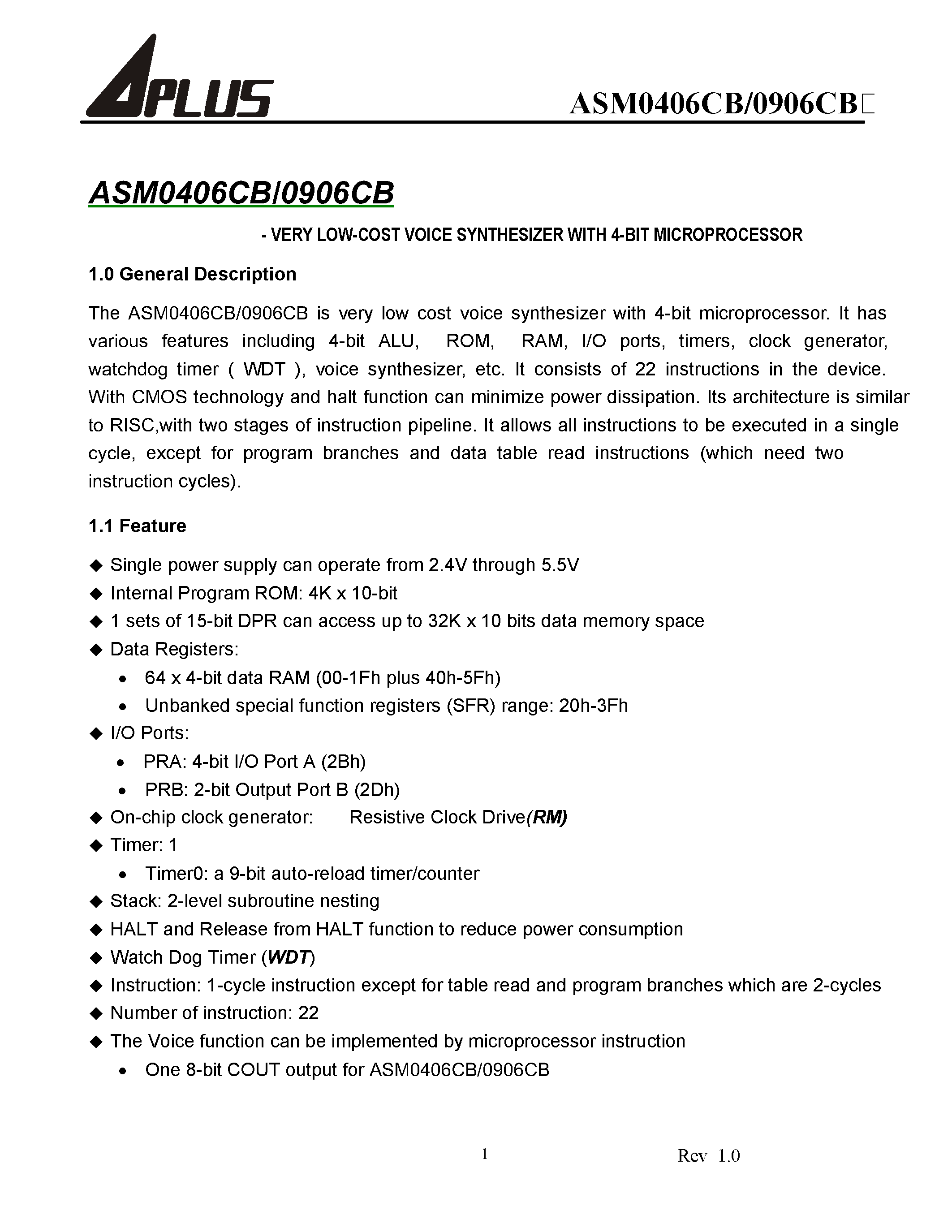 Datasheet ASM0406CB - VERY LOW-COST VOICE SYNTHESIZER WITH 4-BIT MICROPROCESSOR page 2