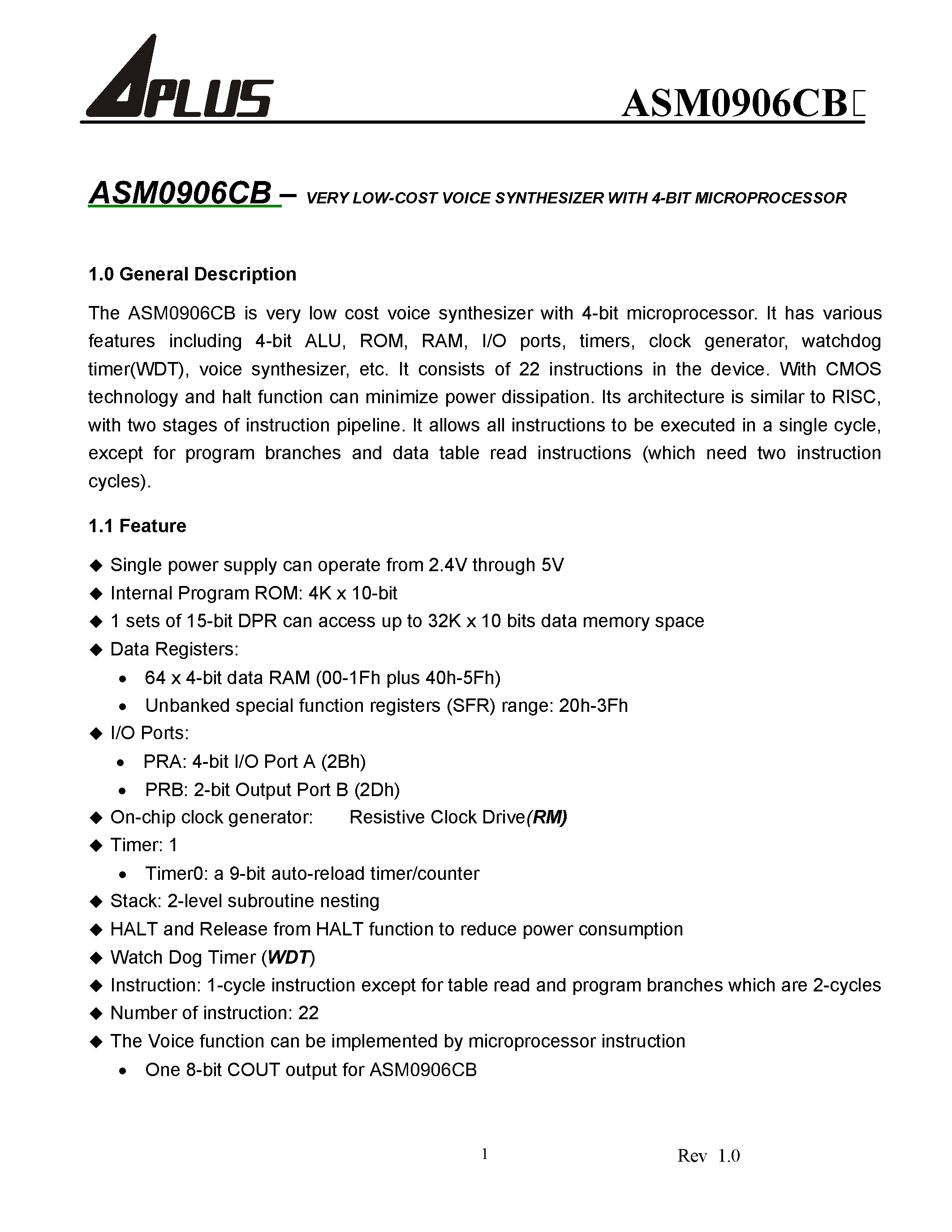 Datasheet ASM0906CB - VERY LOW-COST VOICE SYNTHESIZER WITH 4-BIT MICROPROCESSOR page 2